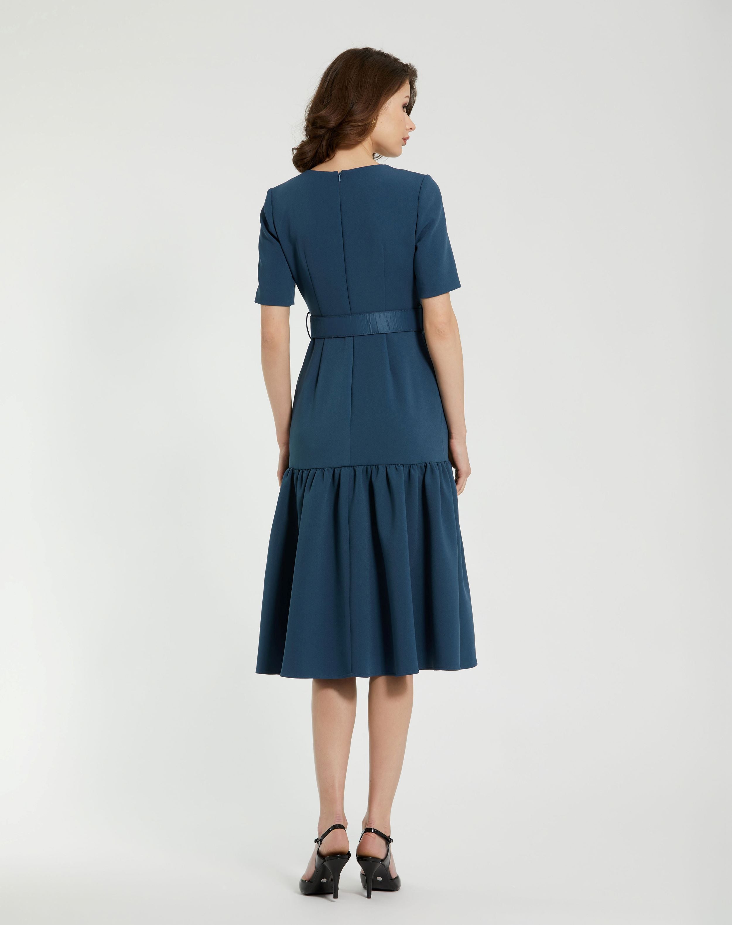 Crepe 3/4 Sleeve Midi Dress With Belt And Pockets