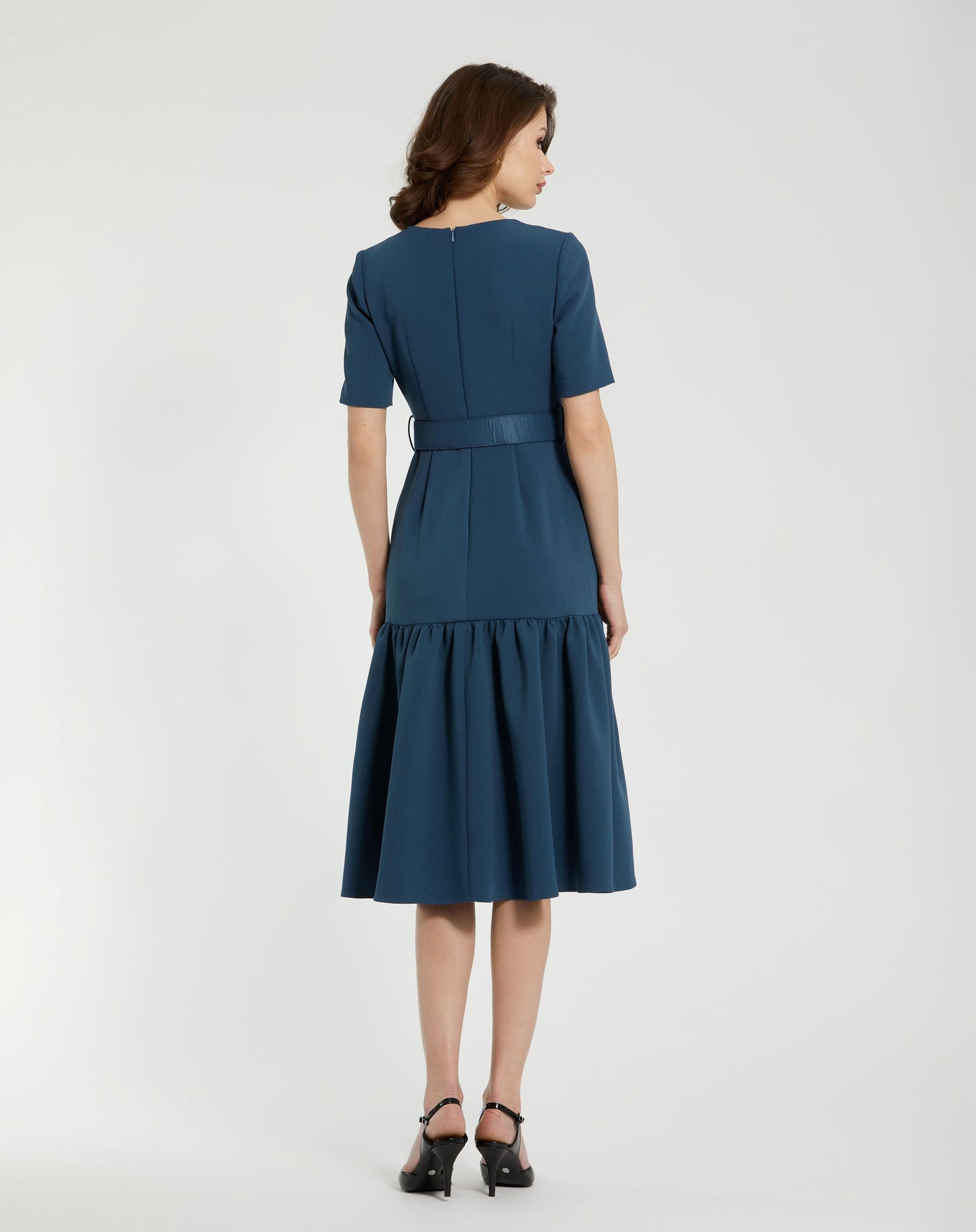 Blue Crepe 3/4 Sleeve Midi Dress With Belt And Pockets - Mac Duggal