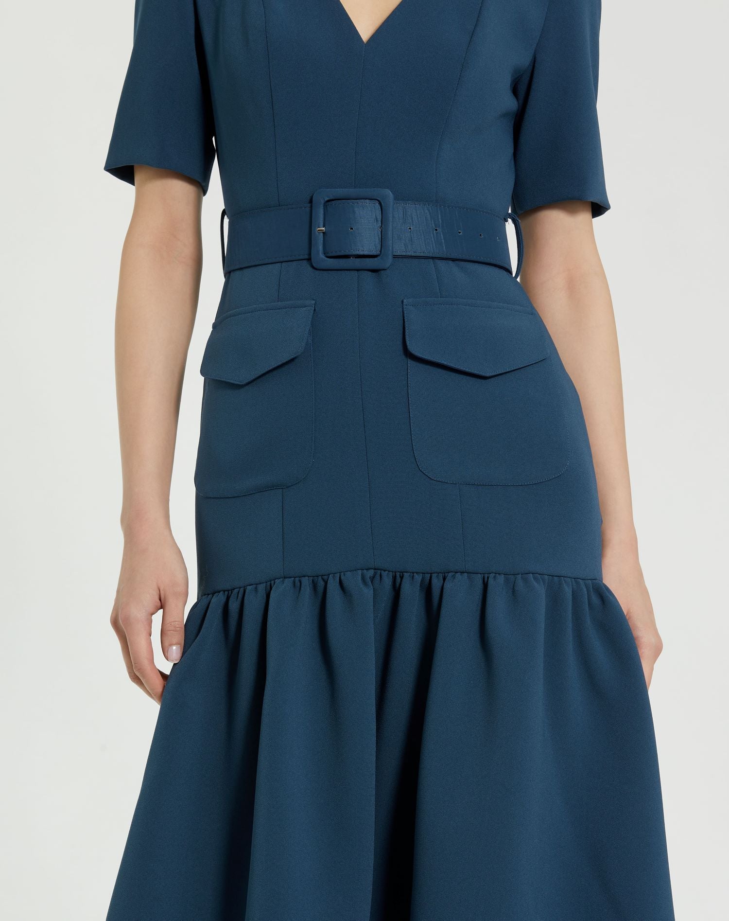 Crepe 3/4 Sleeve Midi Dress With Belt And Pockets