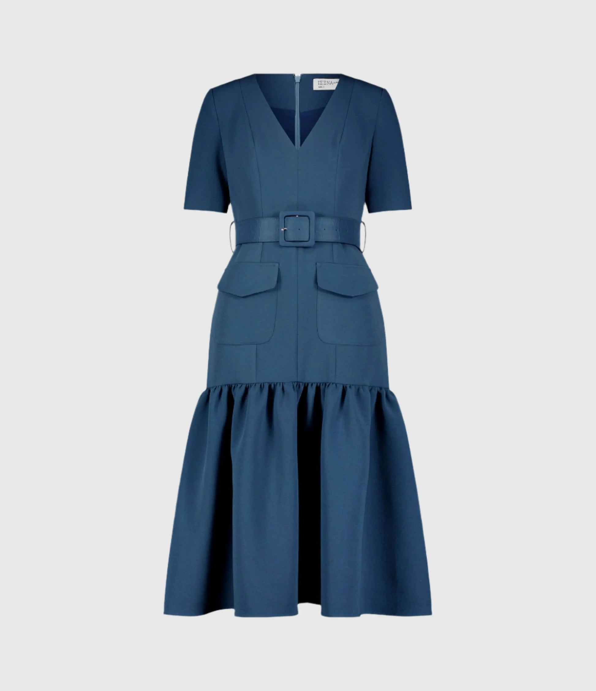 Blue Crepe 3/4 Sleeve Midi Dress With Belt And Pockets - Mac Duggal