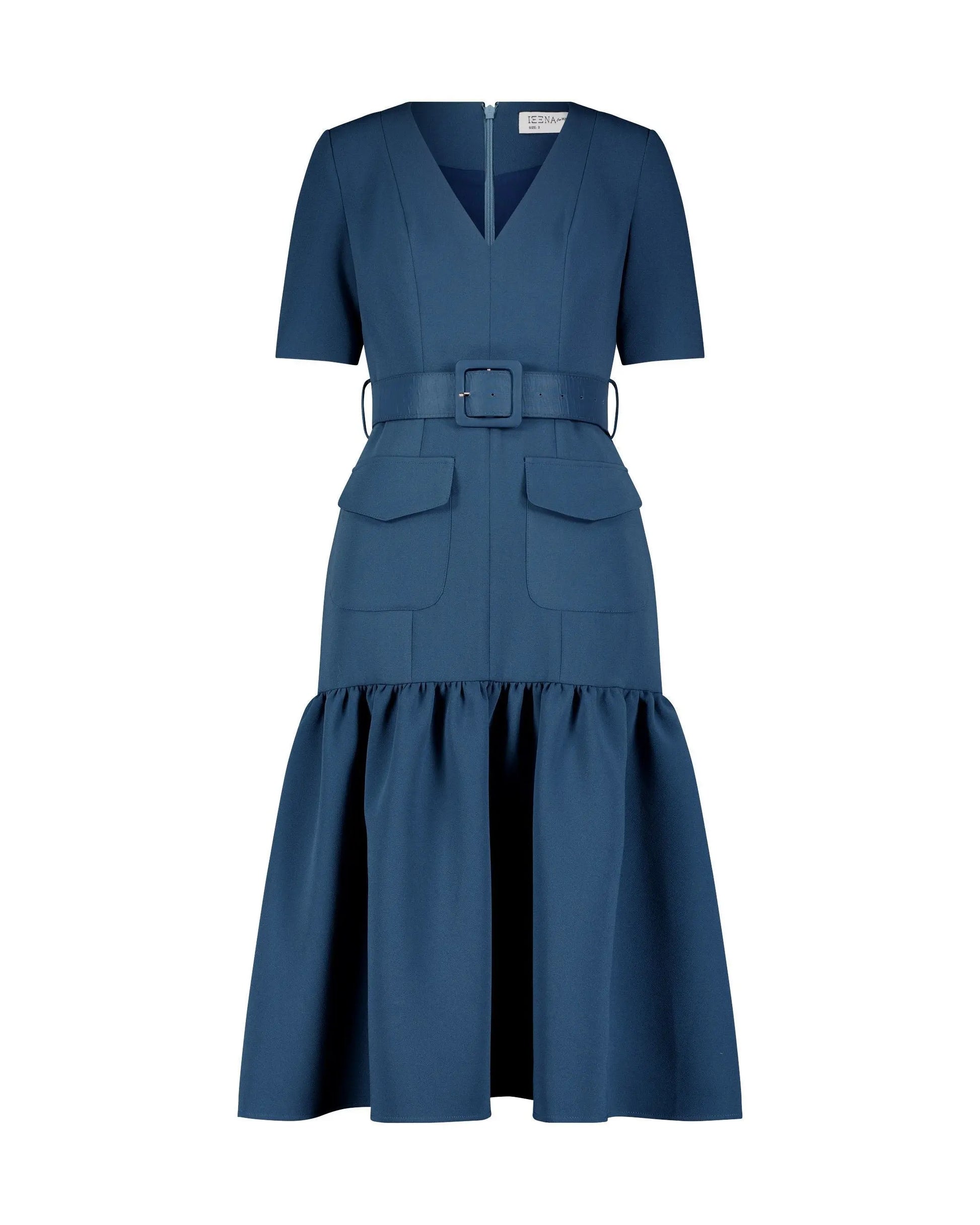 Blue Crepe 3/4 Sleeve Midi Dress With Belt And Pockets - Mac Duggal