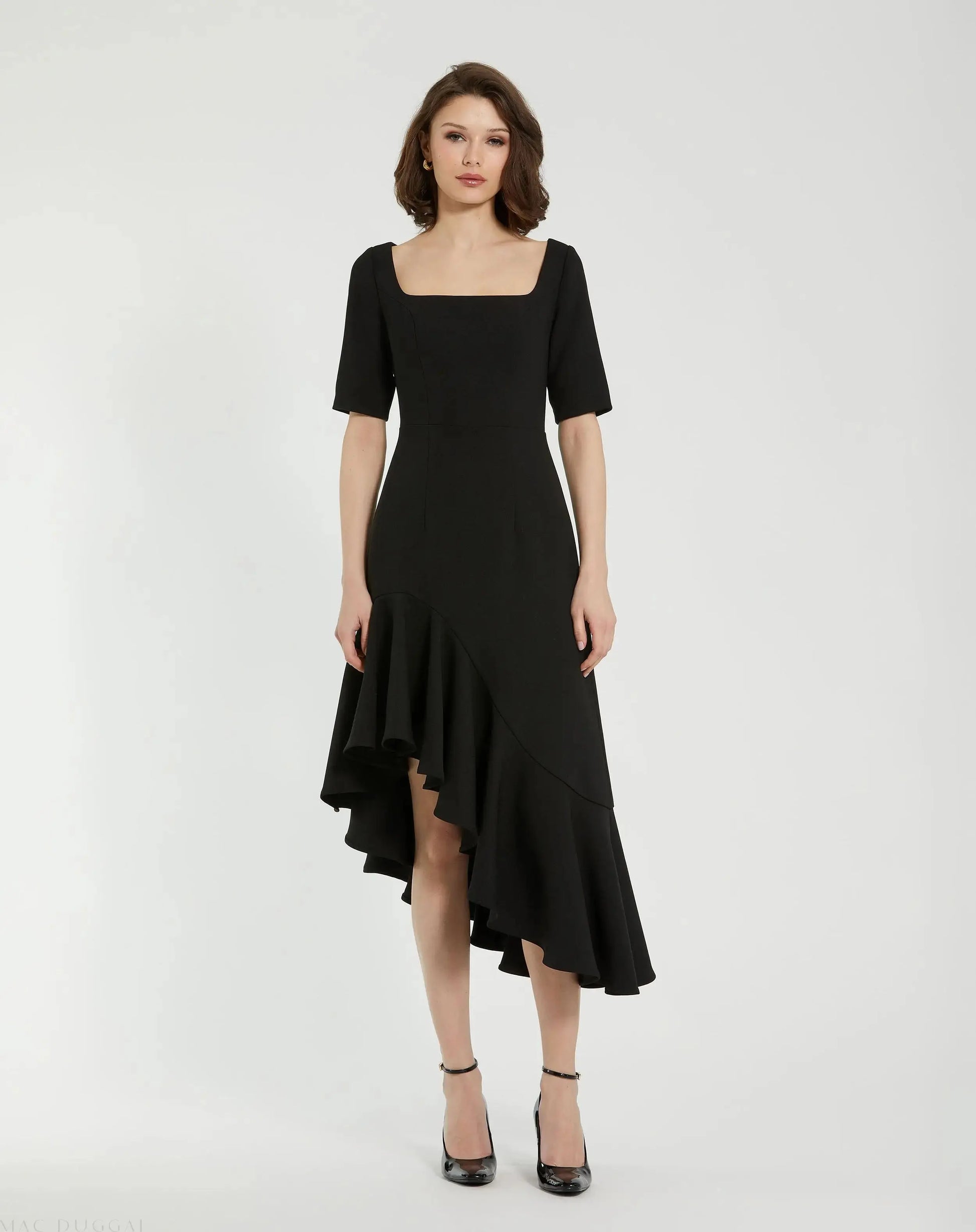 Crepe 3/4 Sleeve Asymmetrical Hem Dress | Mac Duggal Crepe 3/4 Sleeve Asymmetrical Hem Dress | Mac Duggal