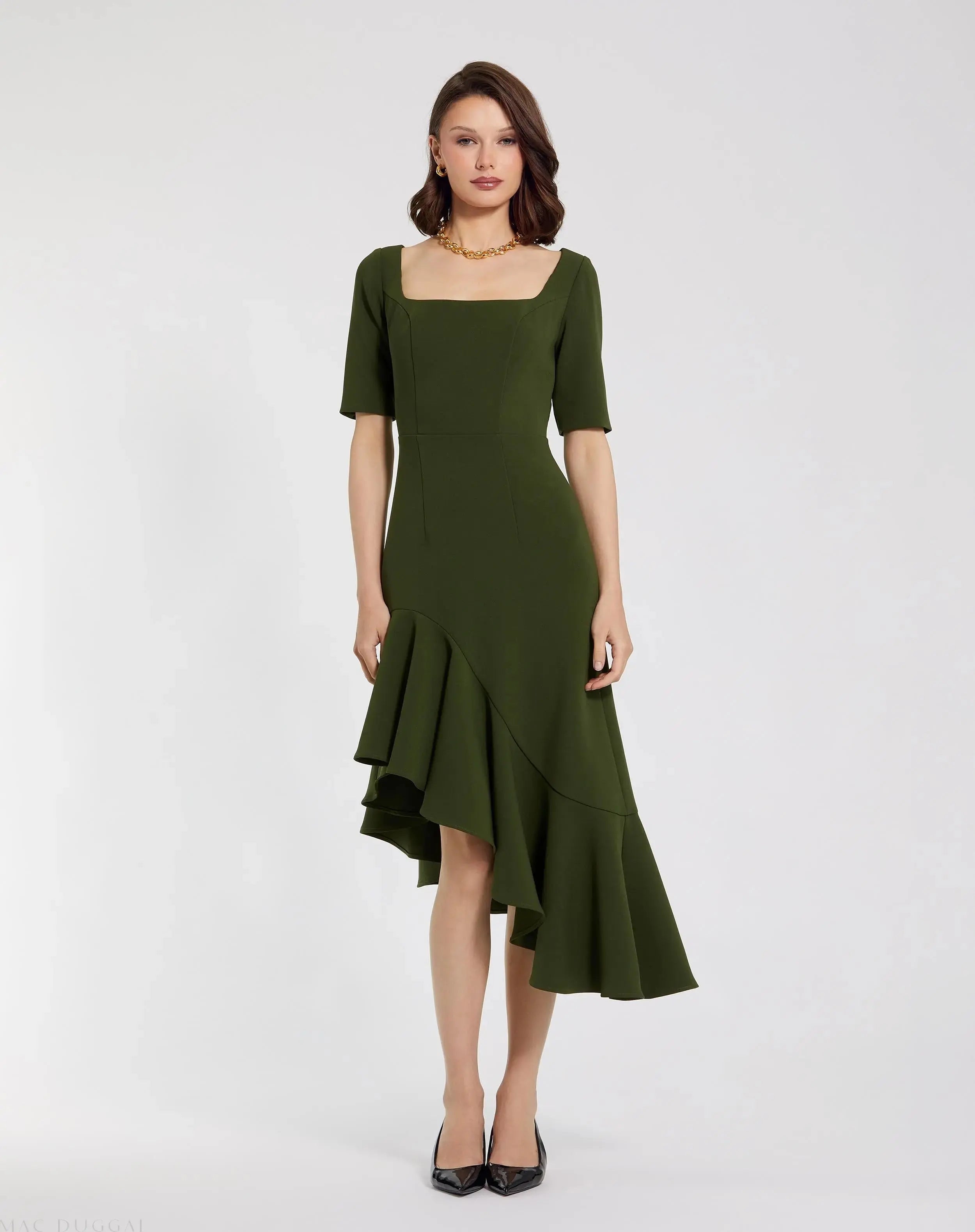 Green Crepe 3/4 Sleeve Asymmetrical Hem Dress - Mac Duggal