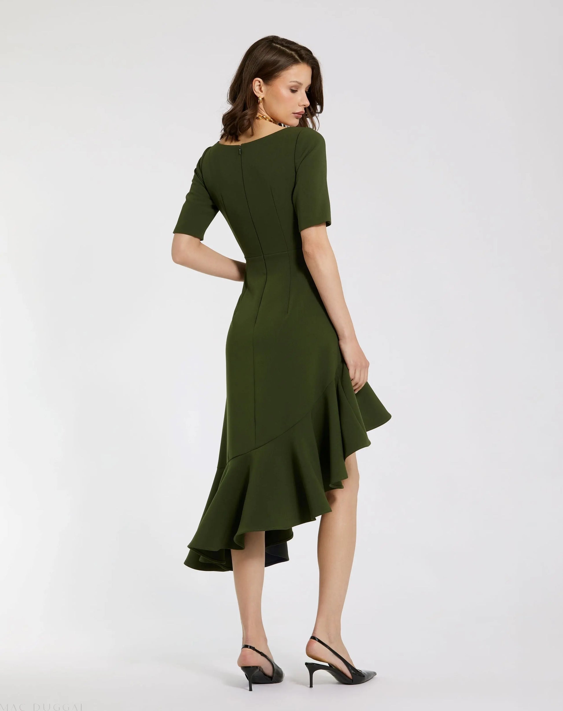 Green Crepe 3/4 Sleeve Asymmetrical Hem Dress - Mac Duggal Green Crepe 3/4 Sleeve Asymmetrical Hem Dress - Mac Duggal
