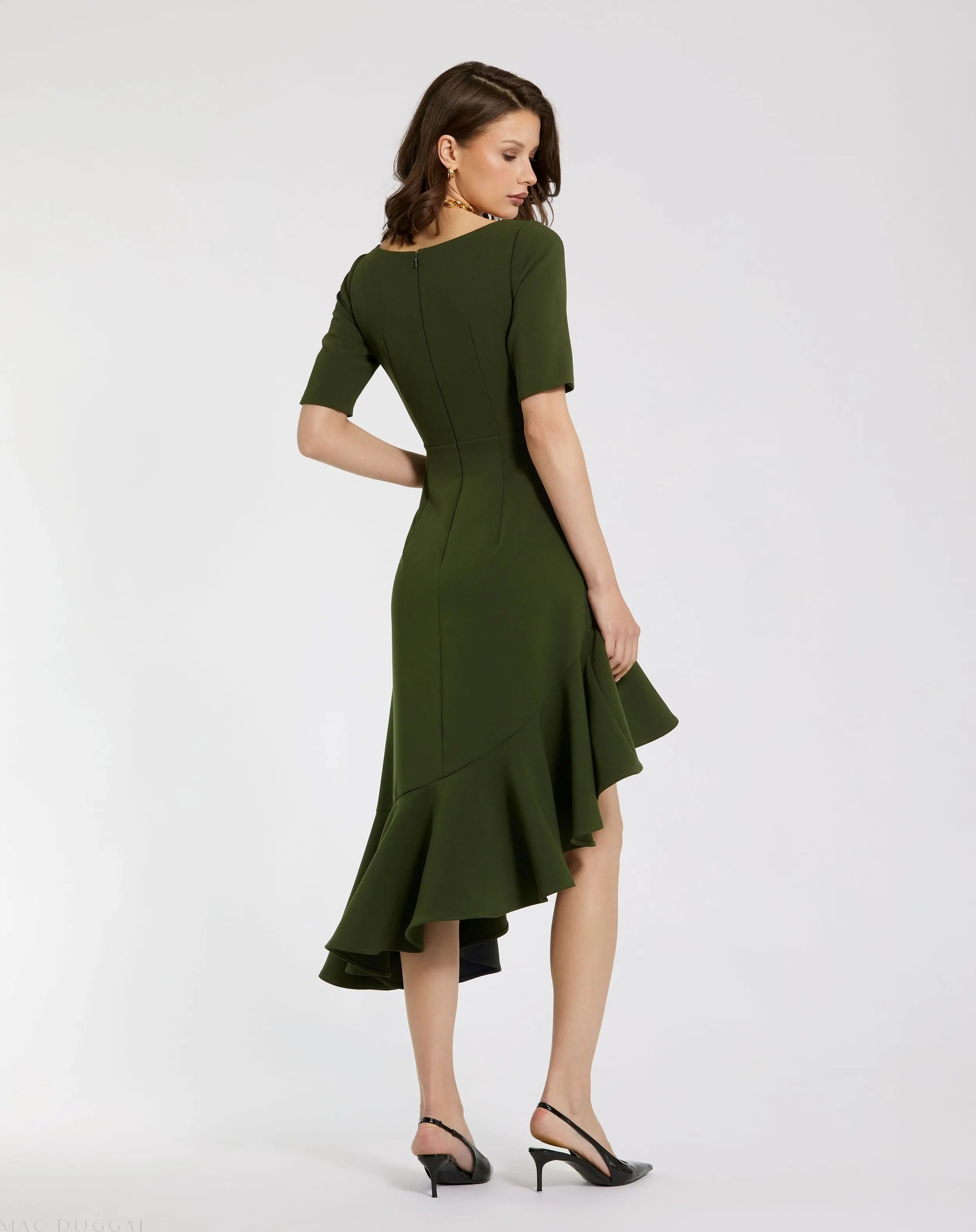 Green Crepe 3/4 Sleeve Asymmetrical Hem Dress - Mac Duggal