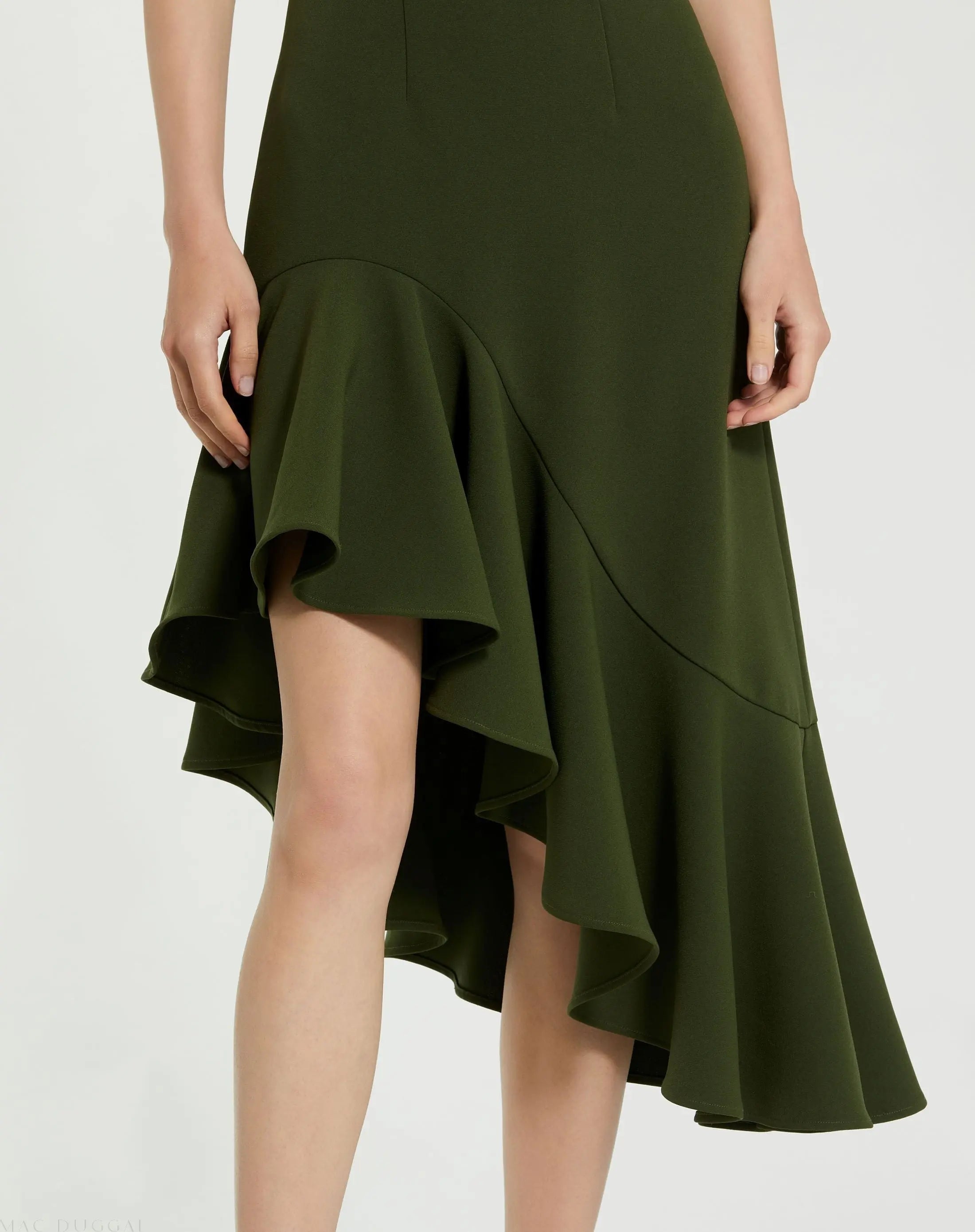 Green Crepe 3/4 Sleeve Asymmetrical Hem Dress - Mac Duggal