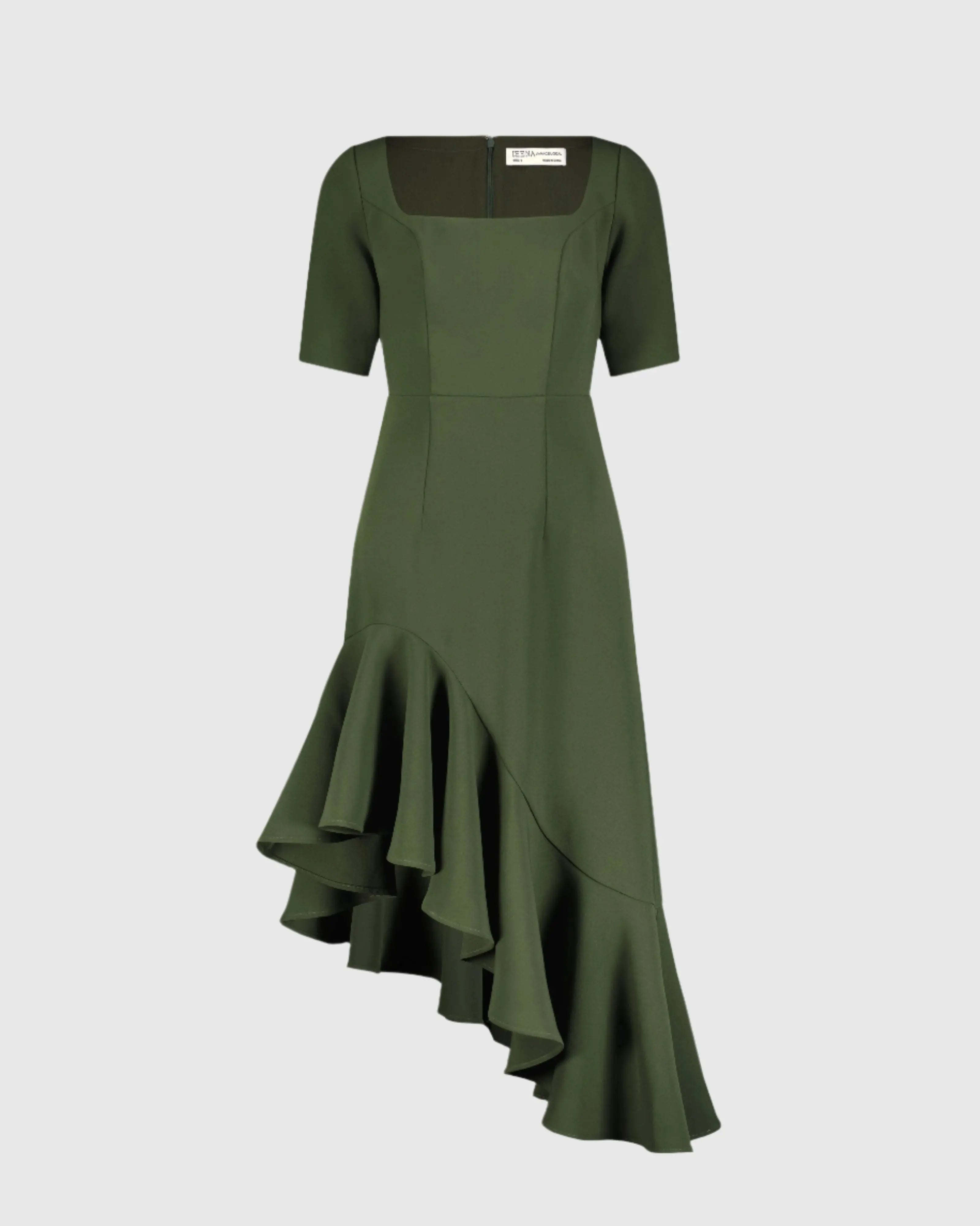 Green Crepe 3/4 Sleeve Asymmetrical Hem Dress - Mac Duggal