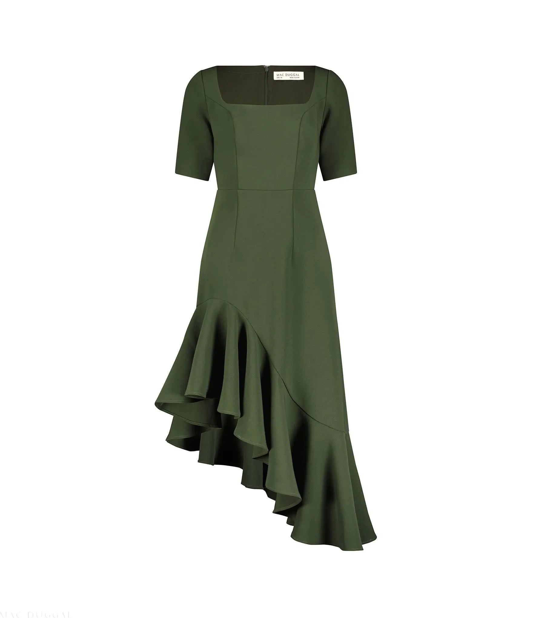 Green Crepe 3/4 Sleeve Asymmetrical Hem Dress - Mac Duggal