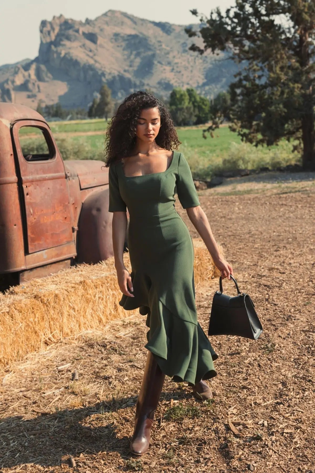 Green Crepe 3/4 Sleeve Asymmetrical Hem Dress - Mac Duggal