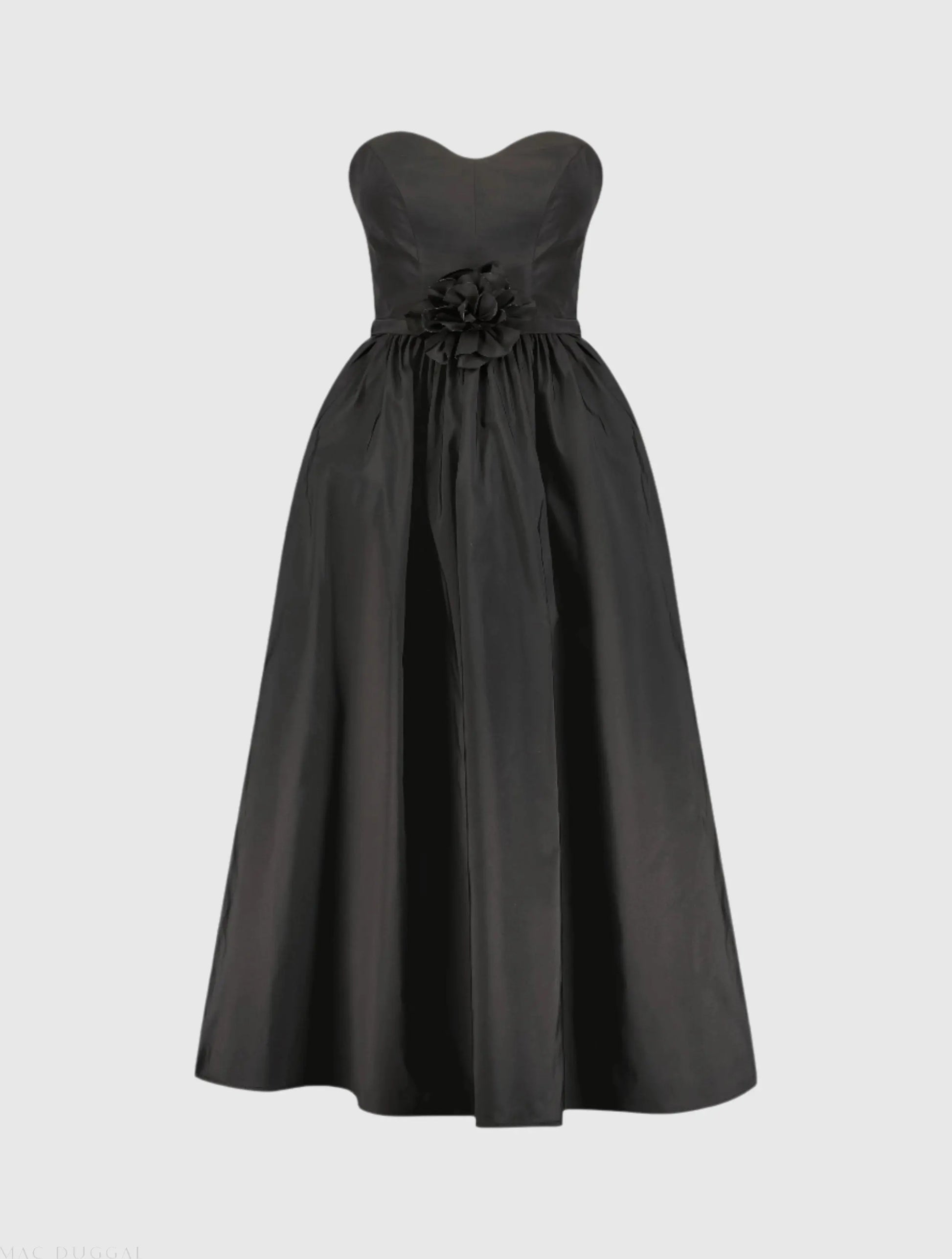 Black Faille Strapless A Line Midi Dress With 3D Rose - Mac Duggal Black Faille Strapless A Line Midi Dress With 3D Rose - Mac Duggal