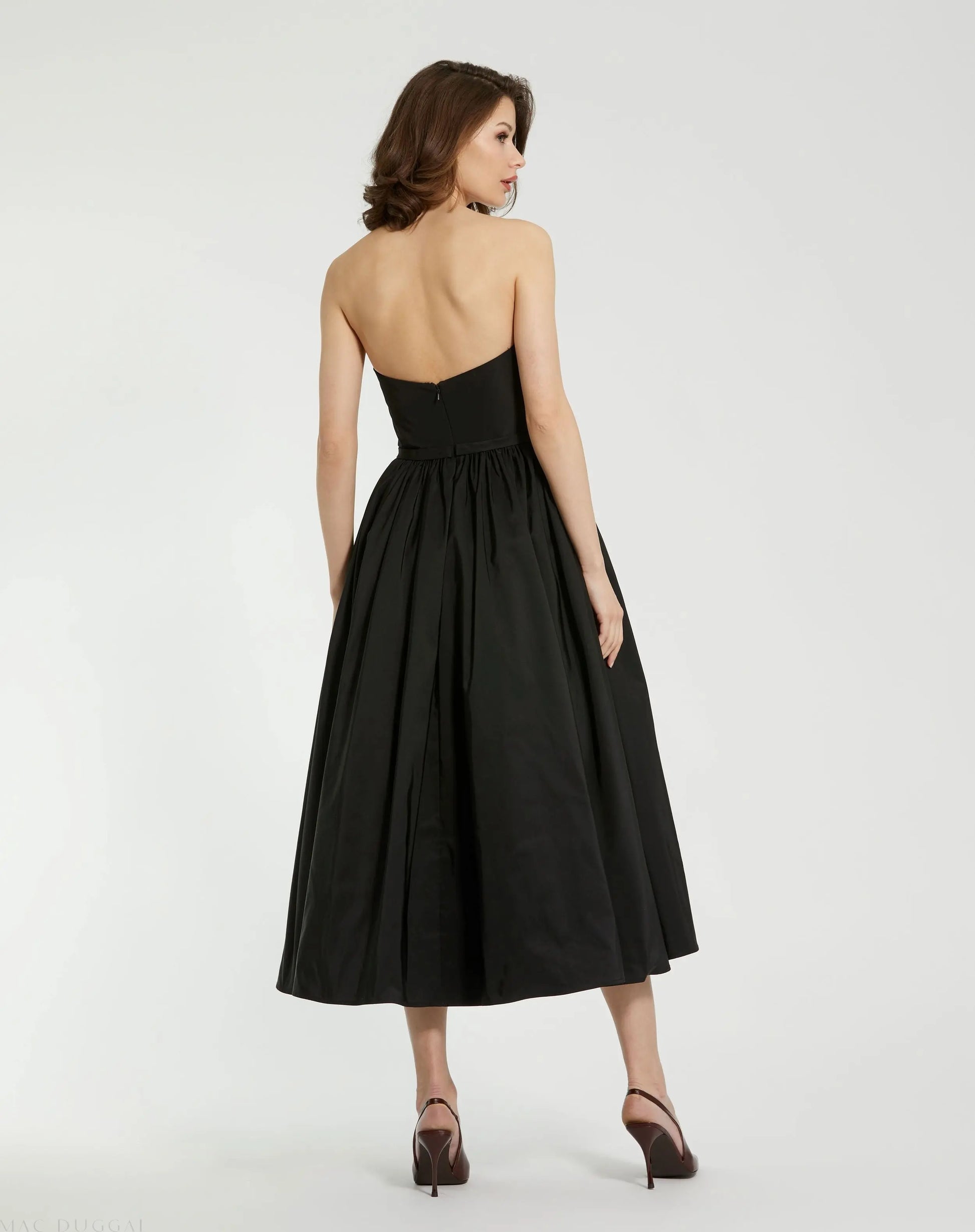 Black Faille Strapless A Line Midi Dress With 3D Rose - Mac Duggal Black Faille Strapless A Line Midi Dress With 3D Rose - Mac Duggal