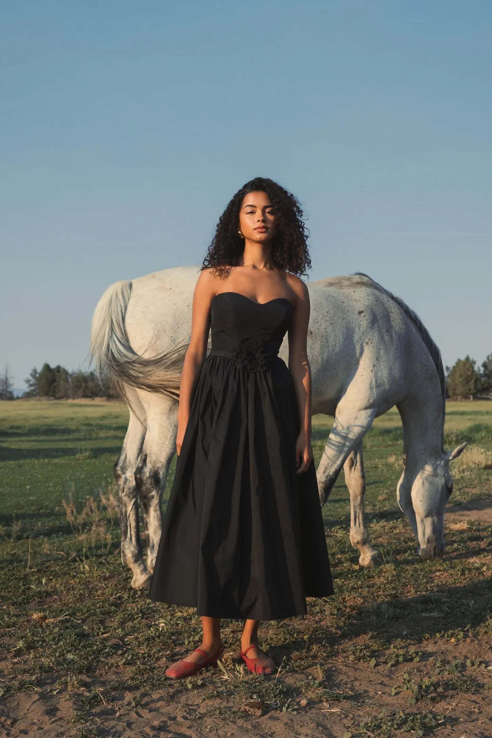 Black Faille Strapless A Line Midi Dress With 3D Rose - Mac Duggal Black Faille Strapless A Line Midi Dress With 3D Rose - Mac Duggal
