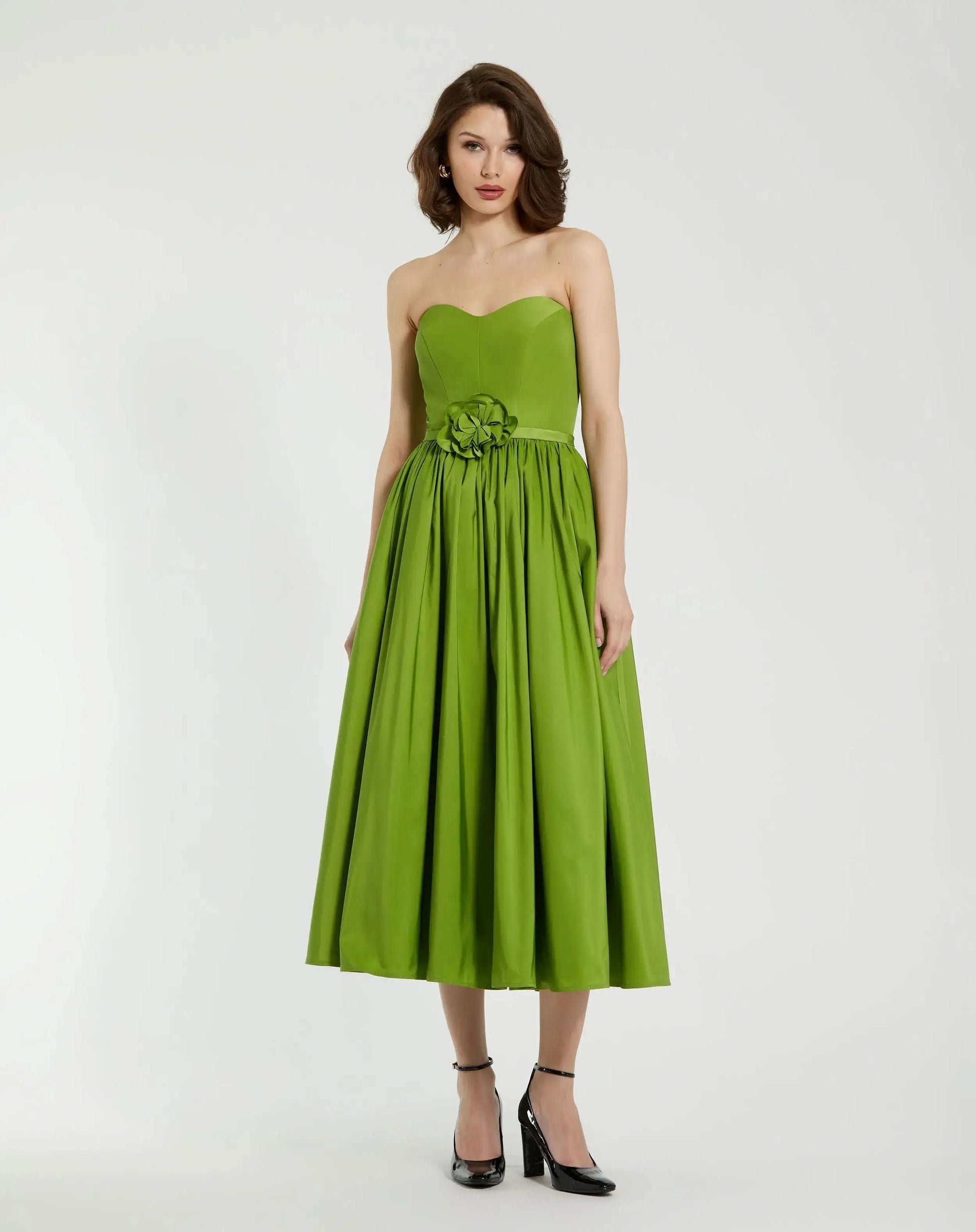 Green Faille Strapless A Line Midi Dress With 3D Rose - Mac Duggal Green Faille Strapless A Line Midi Dress With 3D Rose - Mac Duggal