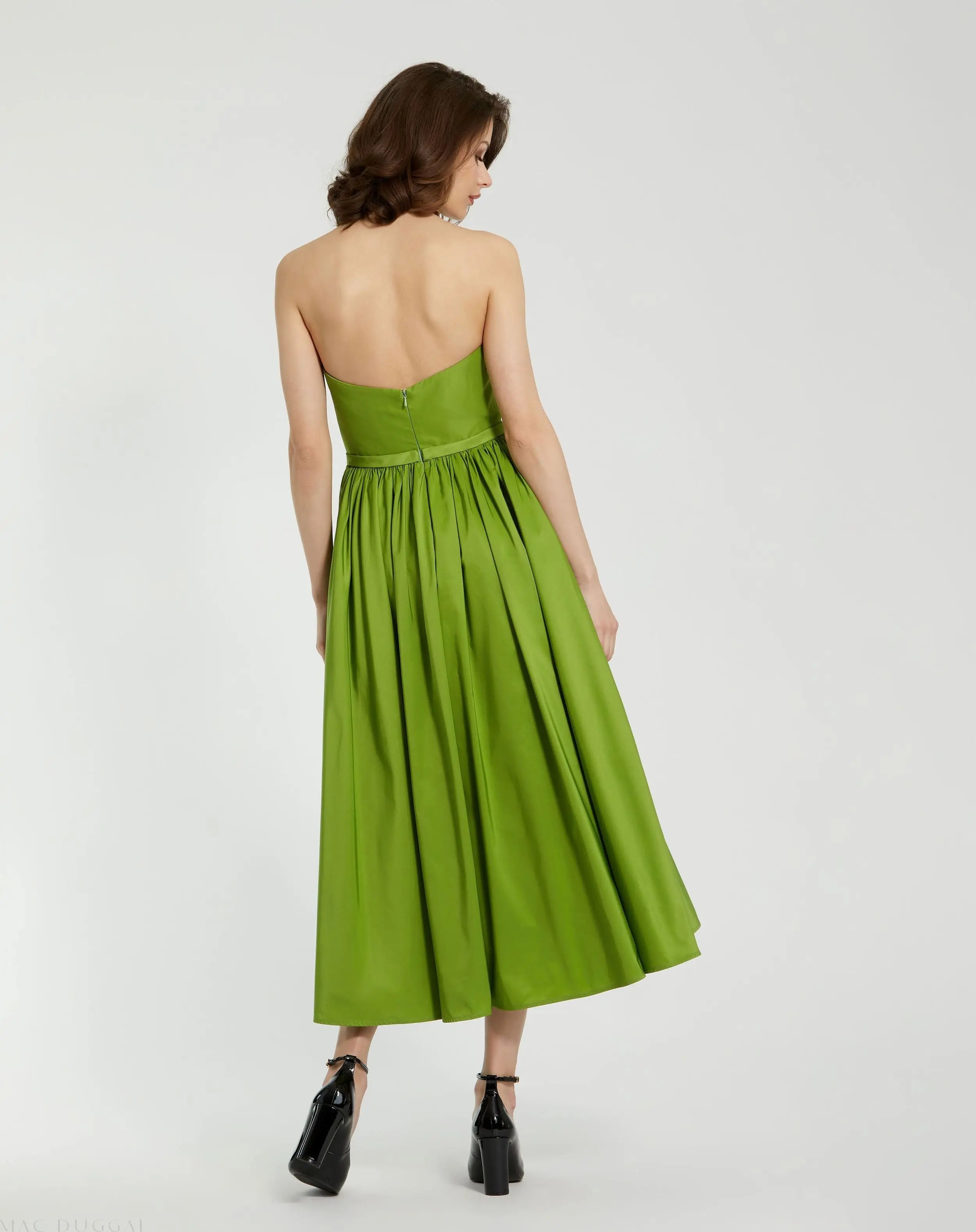 Green Faille Strapless A Line Midi Dress With 3D Rose - Mac Duggal