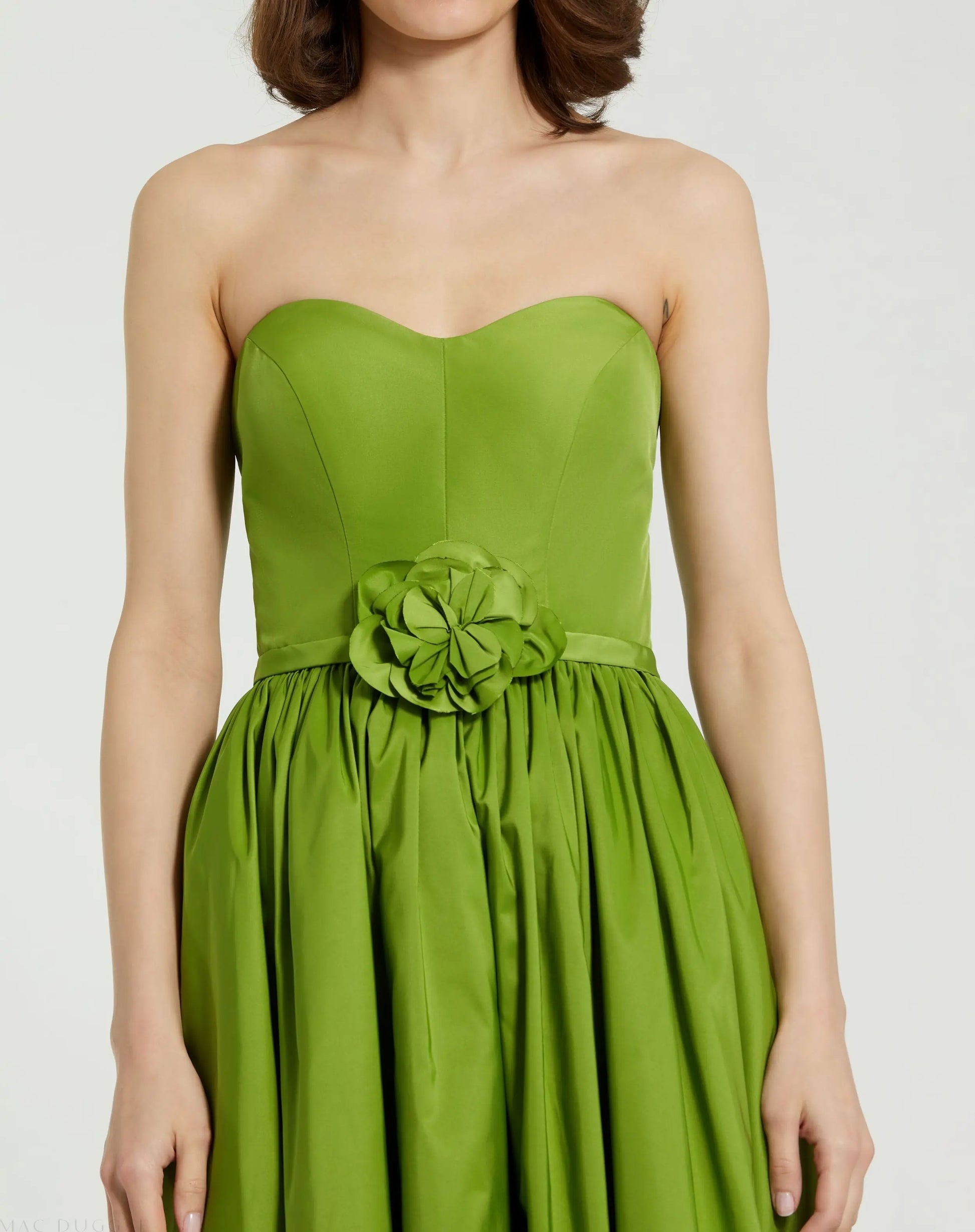 Green Faille Strapless A Line Midi Dress With 3D Rose - Mac Duggal Green Faille Strapless A Line Midi Dress With 3D Rose - Mac Duggal
