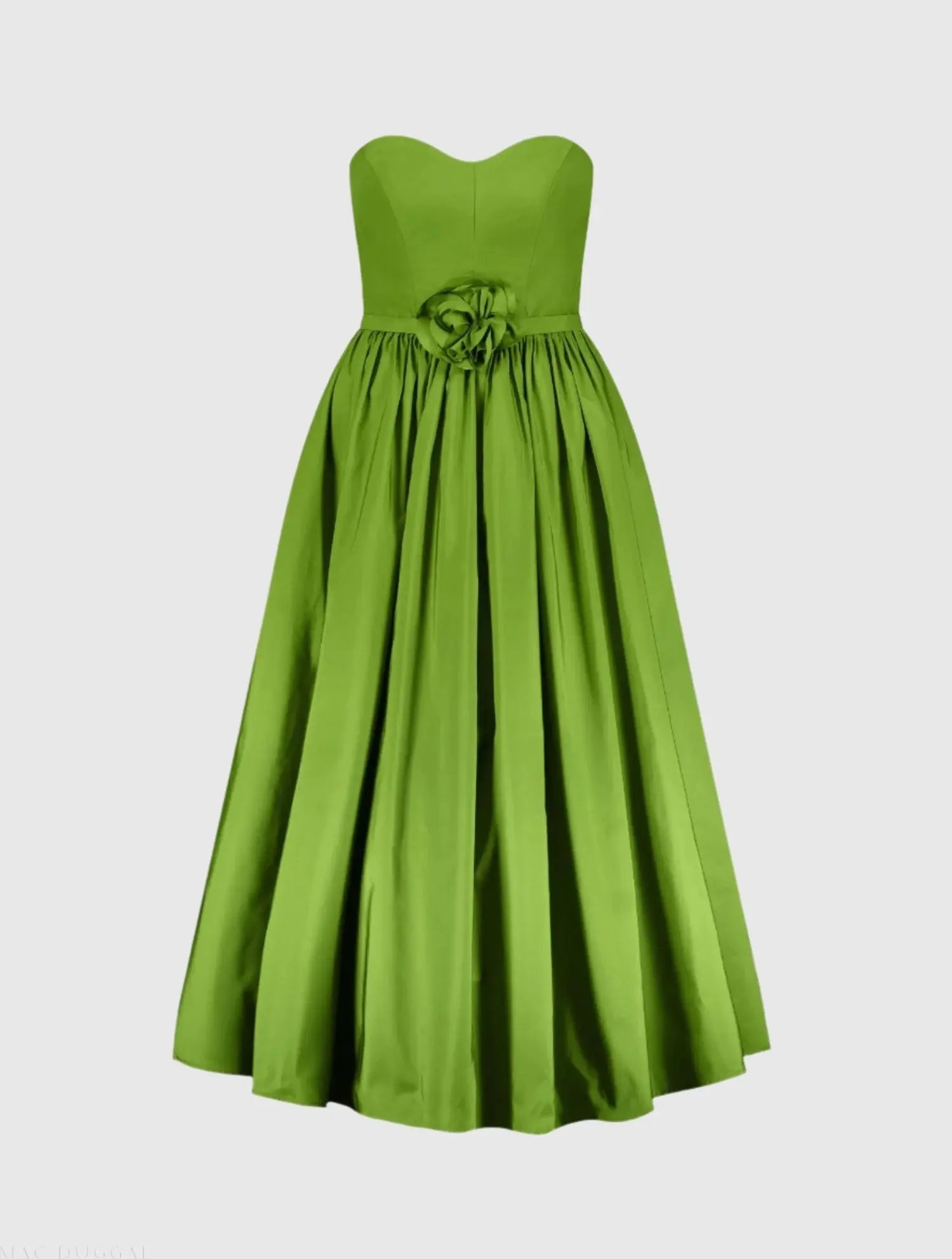 Green Faille Strapless A Line Midi Dress With 3D Rose - Mac Duggal Green Faille Strapless A Line Midi Dress With 3D Rose - Mac Duggal