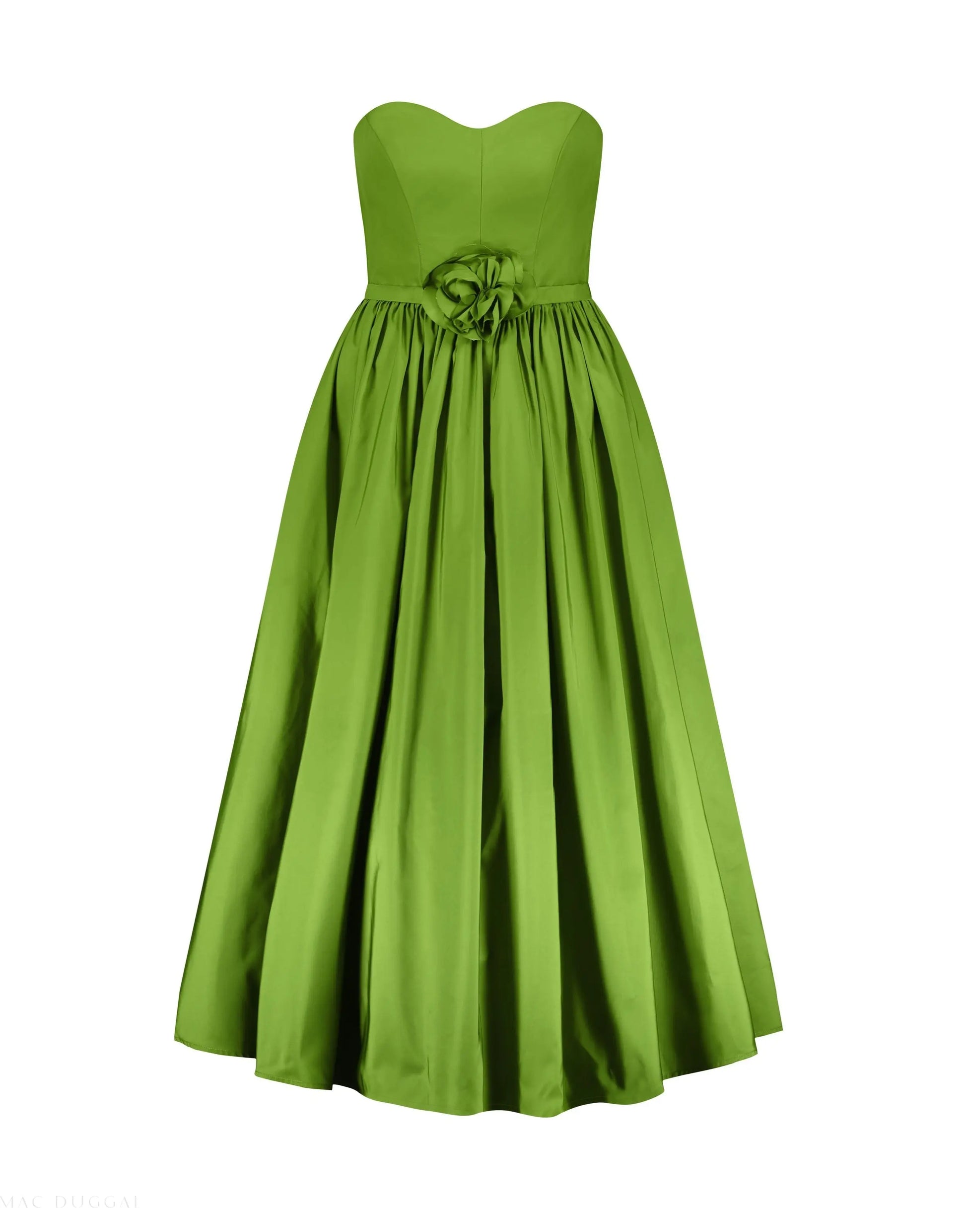 Green Faille Strapless A Line Midi Dress With 3D Rose - Mac Duggal Green Faille Strapless A Line Midi Dress With 3D Rose - Mac Duggal