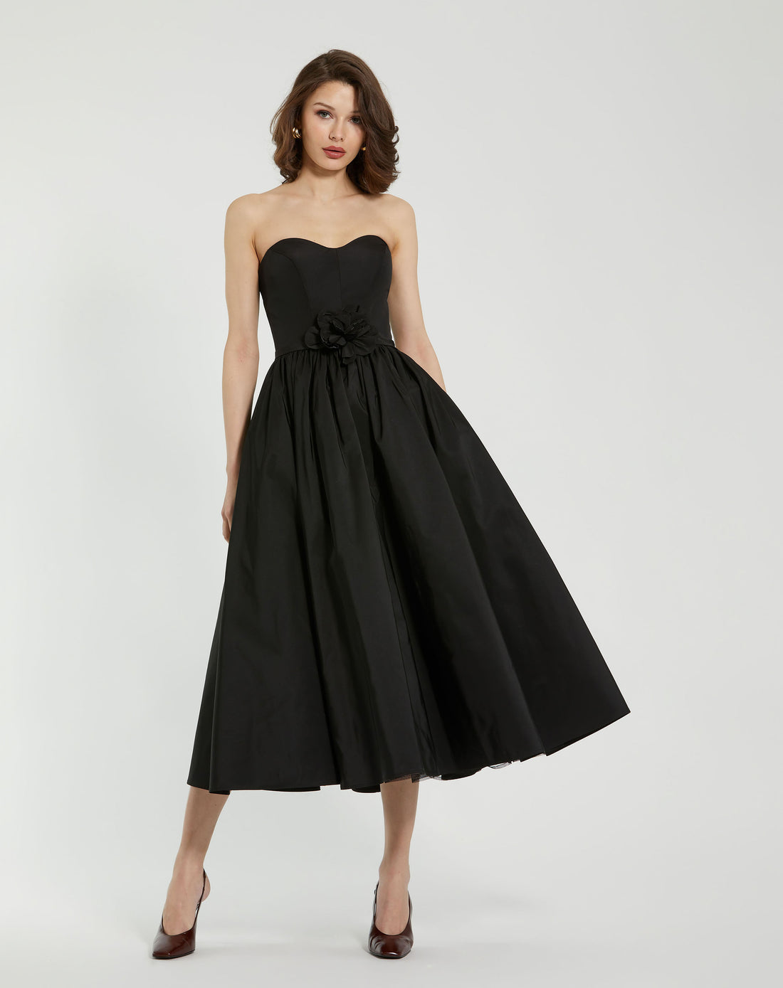 Faille Strapless A Line Midi Dress With 3D Rose