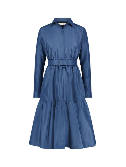 Faille Long Sleeve Collared Midi Dress With Belt