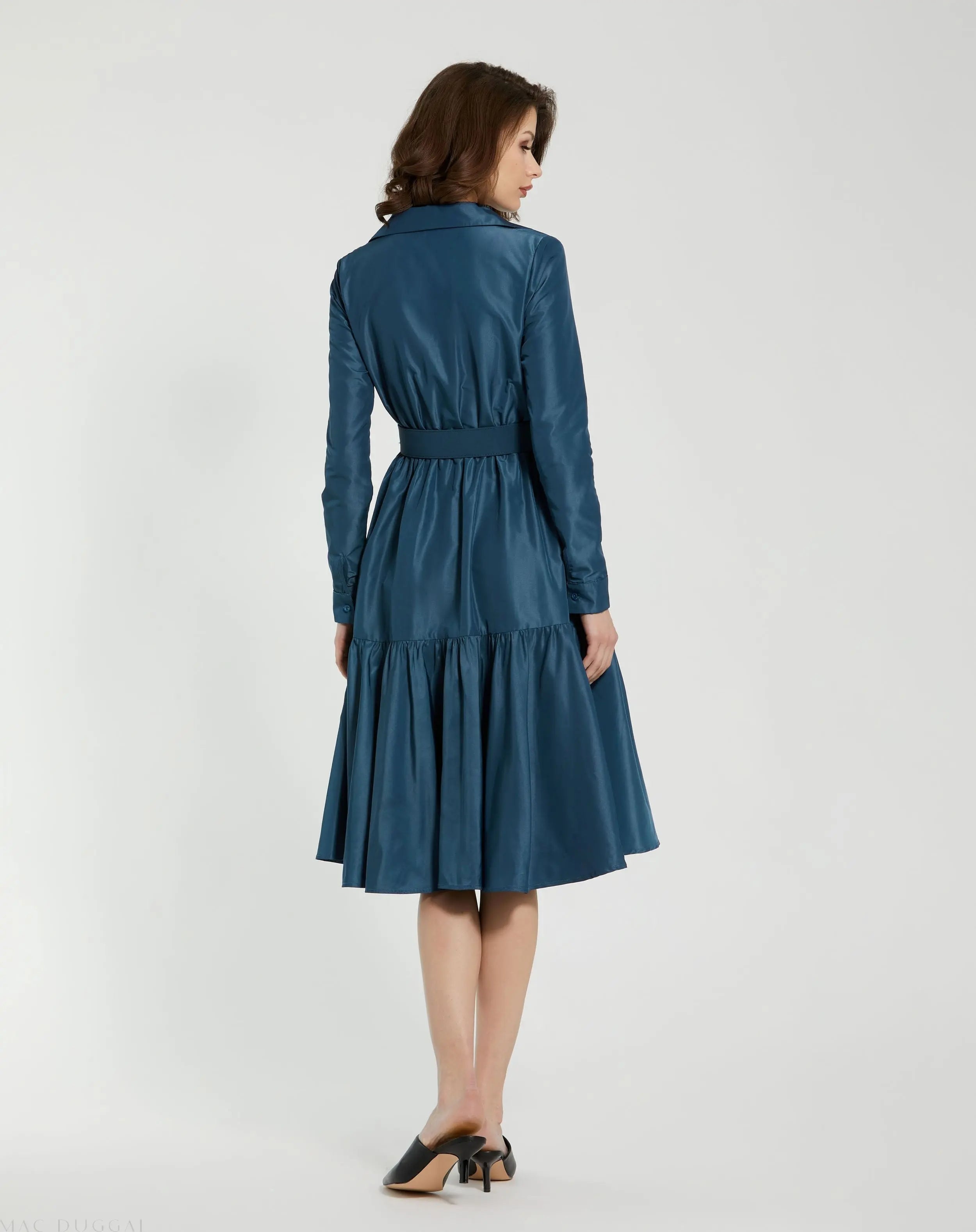Blue Faille Long Sleeve Collared Midi Dress With Belt - Mac Duggal