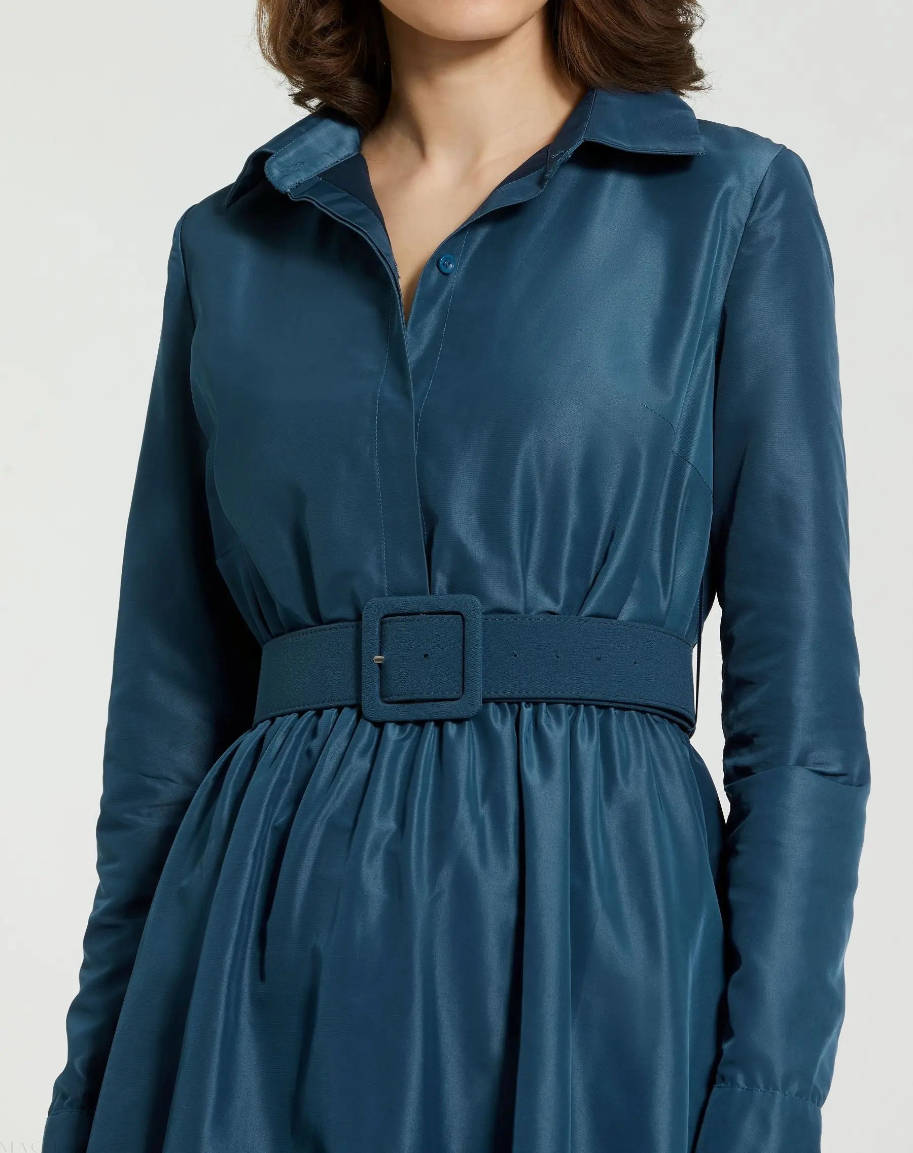 Blue Faille Long Sleeve Collared Midi Dress With Belt | Mac Duggal Blue Faille Long Sleeve Collared Midi Dress With Belt | Mac Duggal