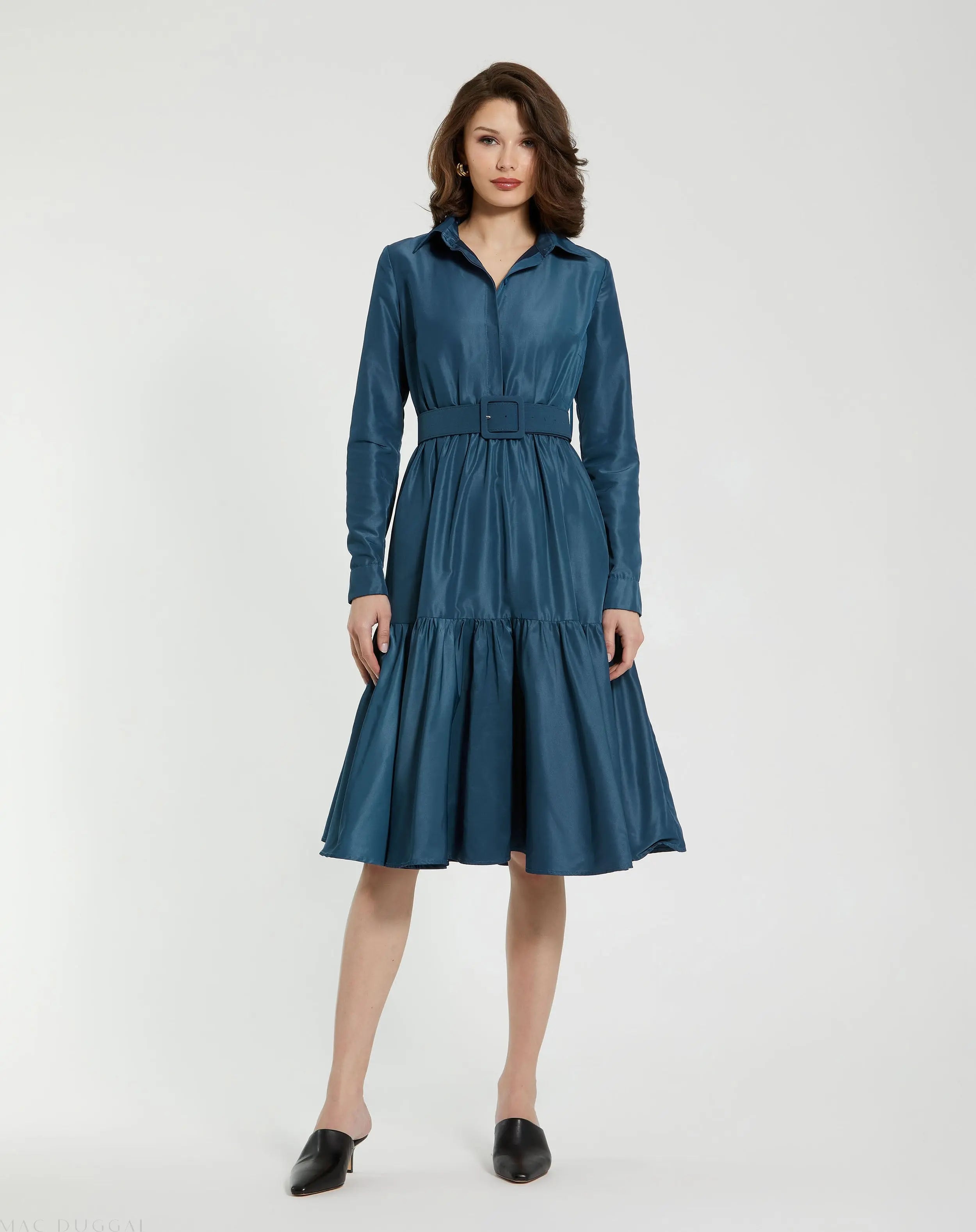 Blue Faille Long Sleeve Collared Midi Dress With Belt - Mac Duggal