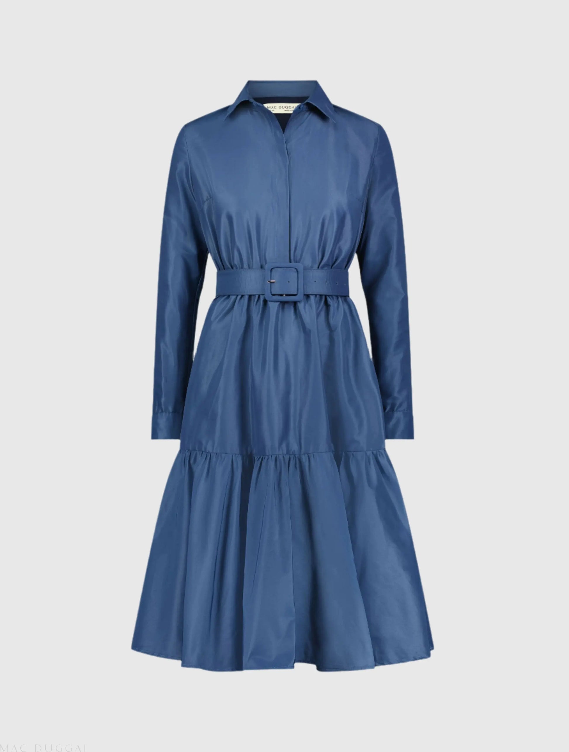 Blue Faille Long Sleeve Collared Midi Dress With Belt | Mac Duggal Blue Faille Long Sleeve Collared Midi Dress With Belt | Mac Duggal