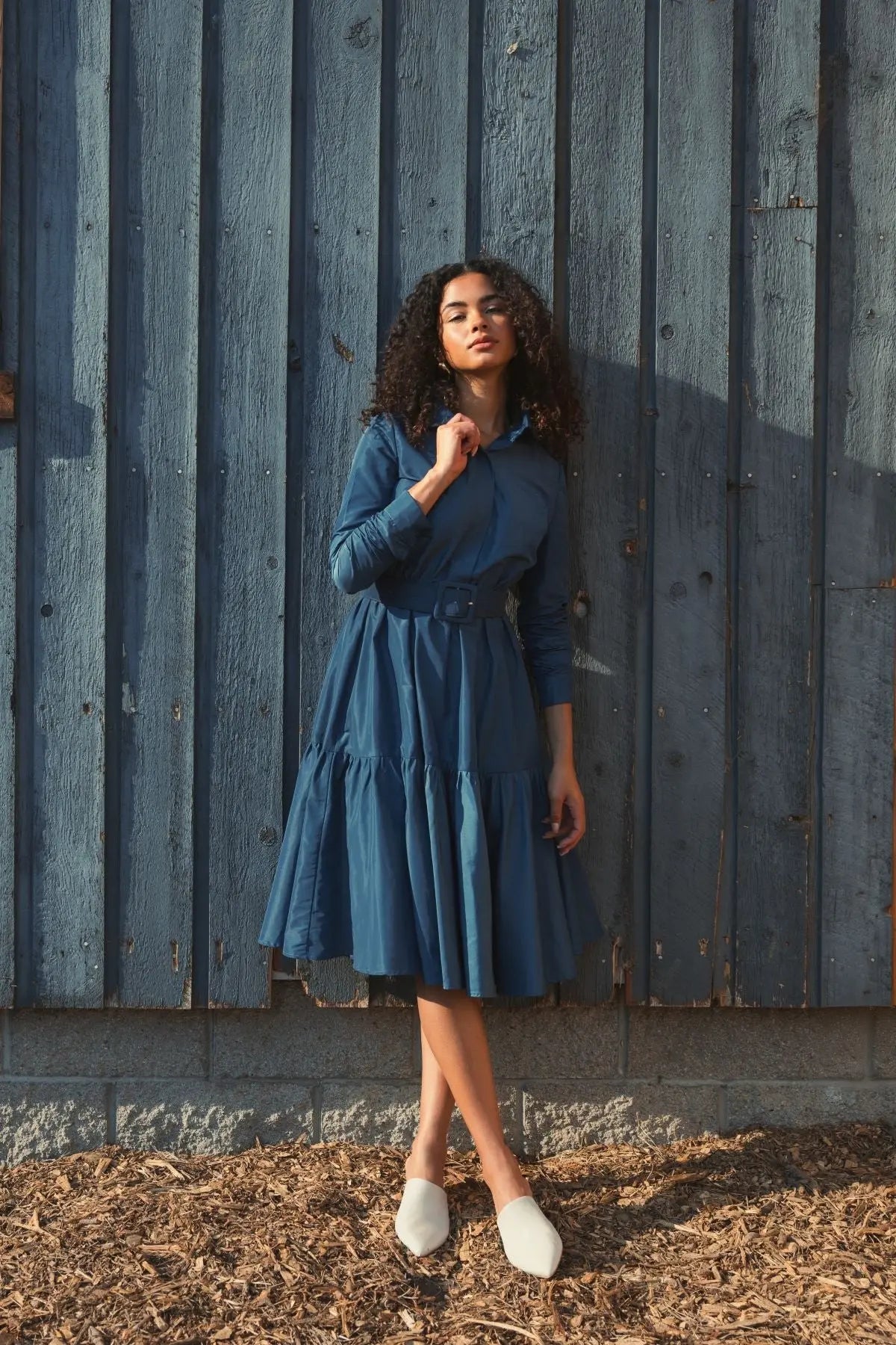 Blue Faille Long Sleeve Collared Midi Dress With Belt | Mac Duggal Blue Faille Long Sleeve Collared Midi Dress With Belt | Mac Duggal