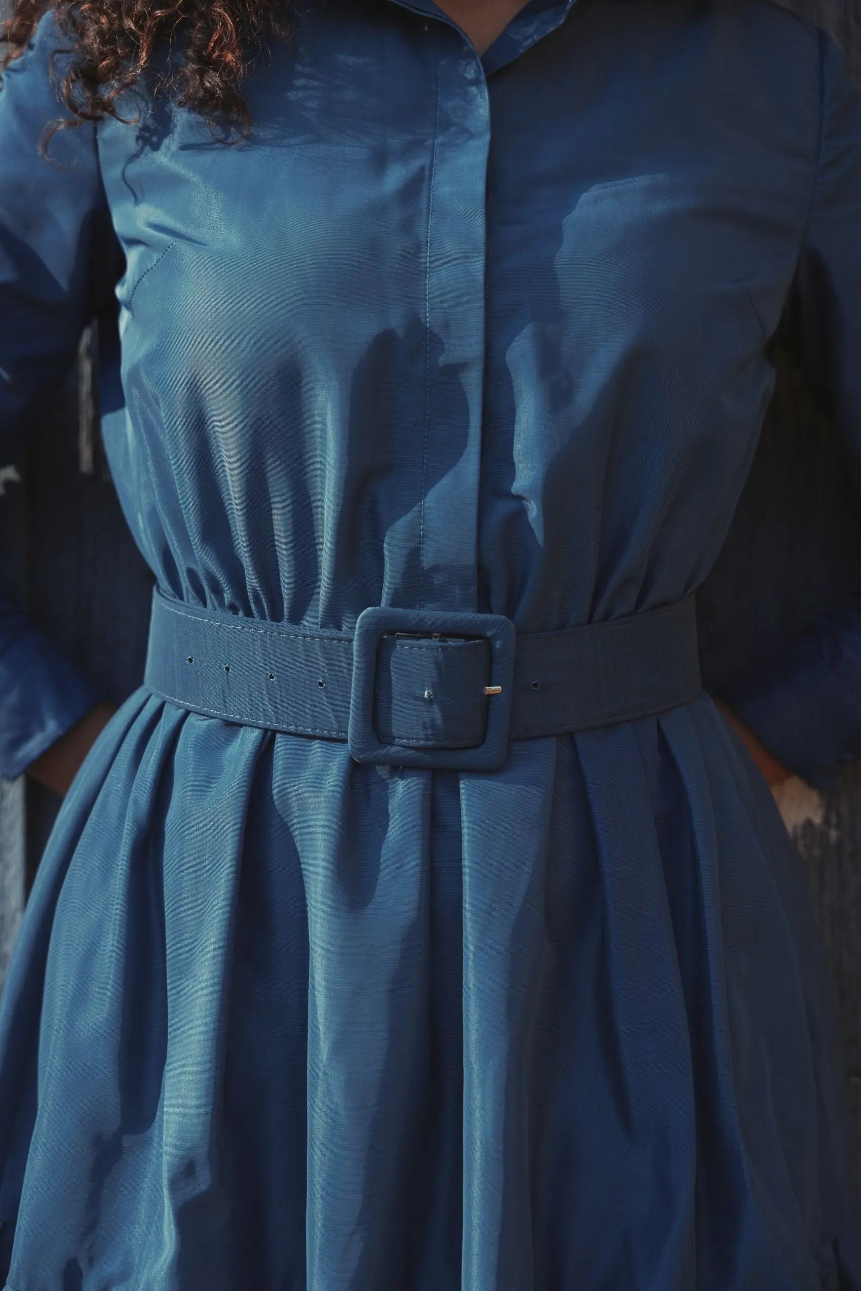 Blue Faille Long Sleeve Collared Midi Dress With Belt | Mac Duggal Blue Faille Long Sleeve Collared Midi Dress With Belt | Mac Duggal