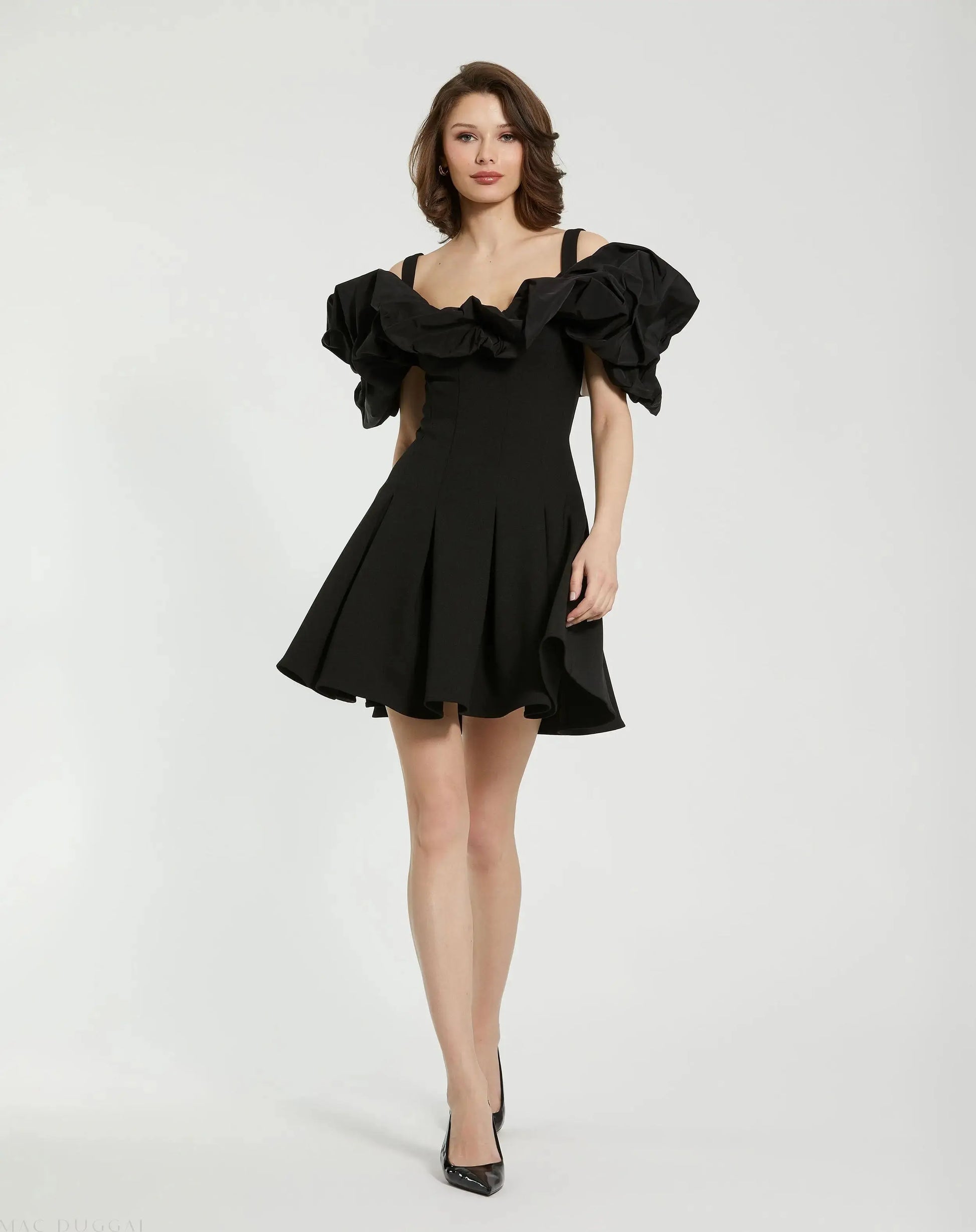 Black Crepe Godet Hem Mini Dress With Faille Ruffle - Mac Duggal Black Crepe Godet Hem Mini Dress With Faille Ruffle - Mac Duggal