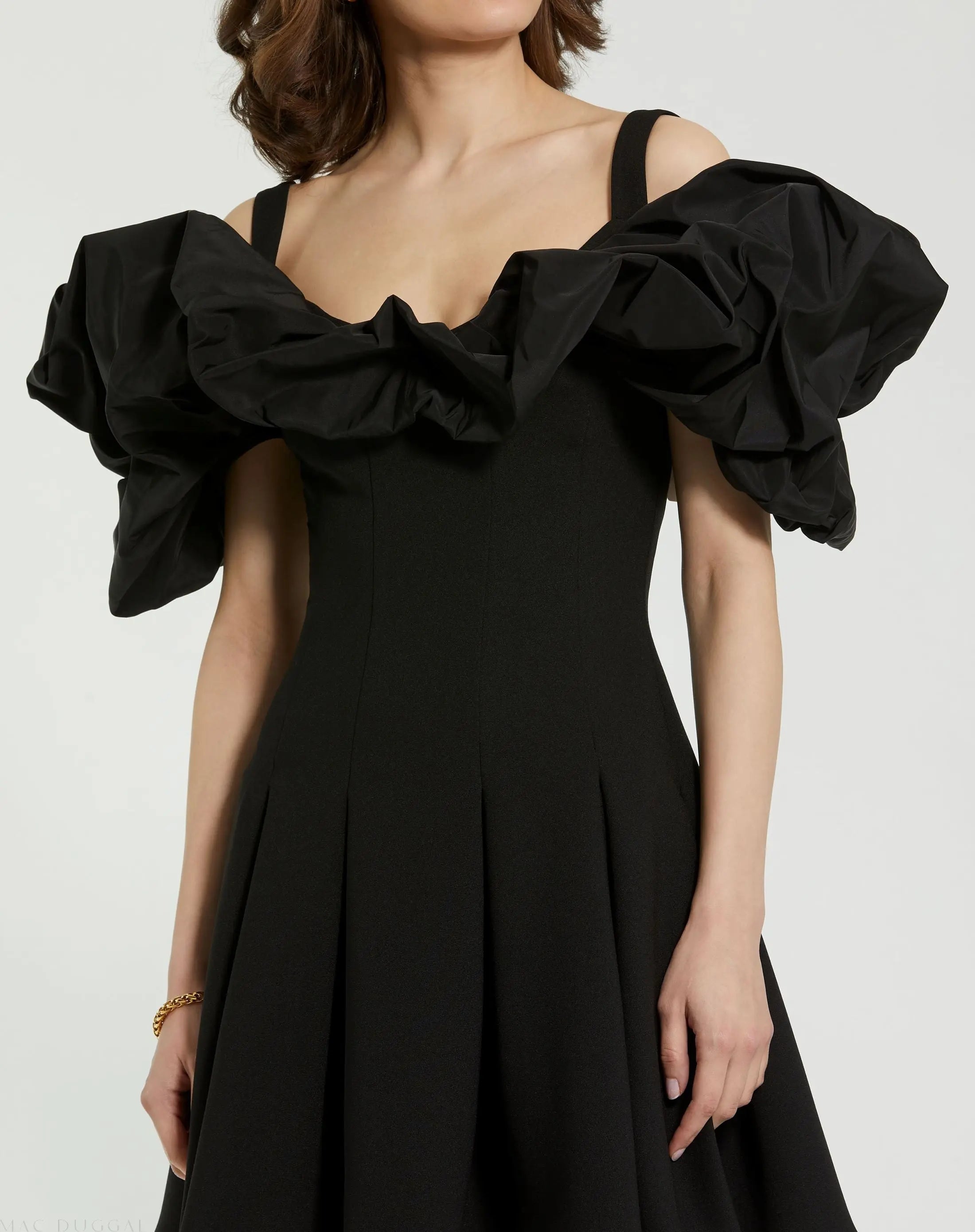 Black Crepe Godet Hem Mini Dress With Faille Ruffle - Mac Duggal