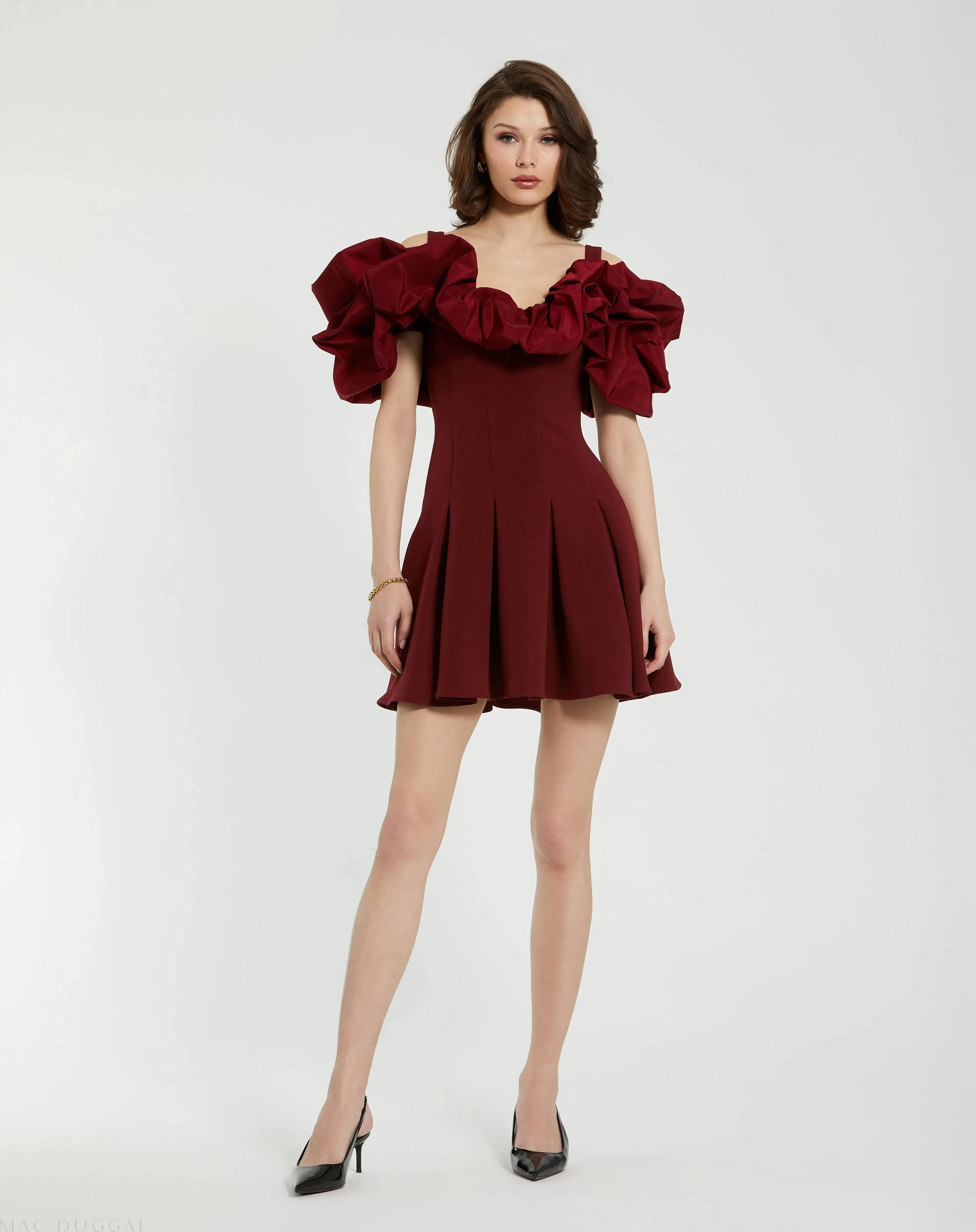 Red Crepe Godet Hem Mini Dress With Faille Ruffle - Mac Duggal