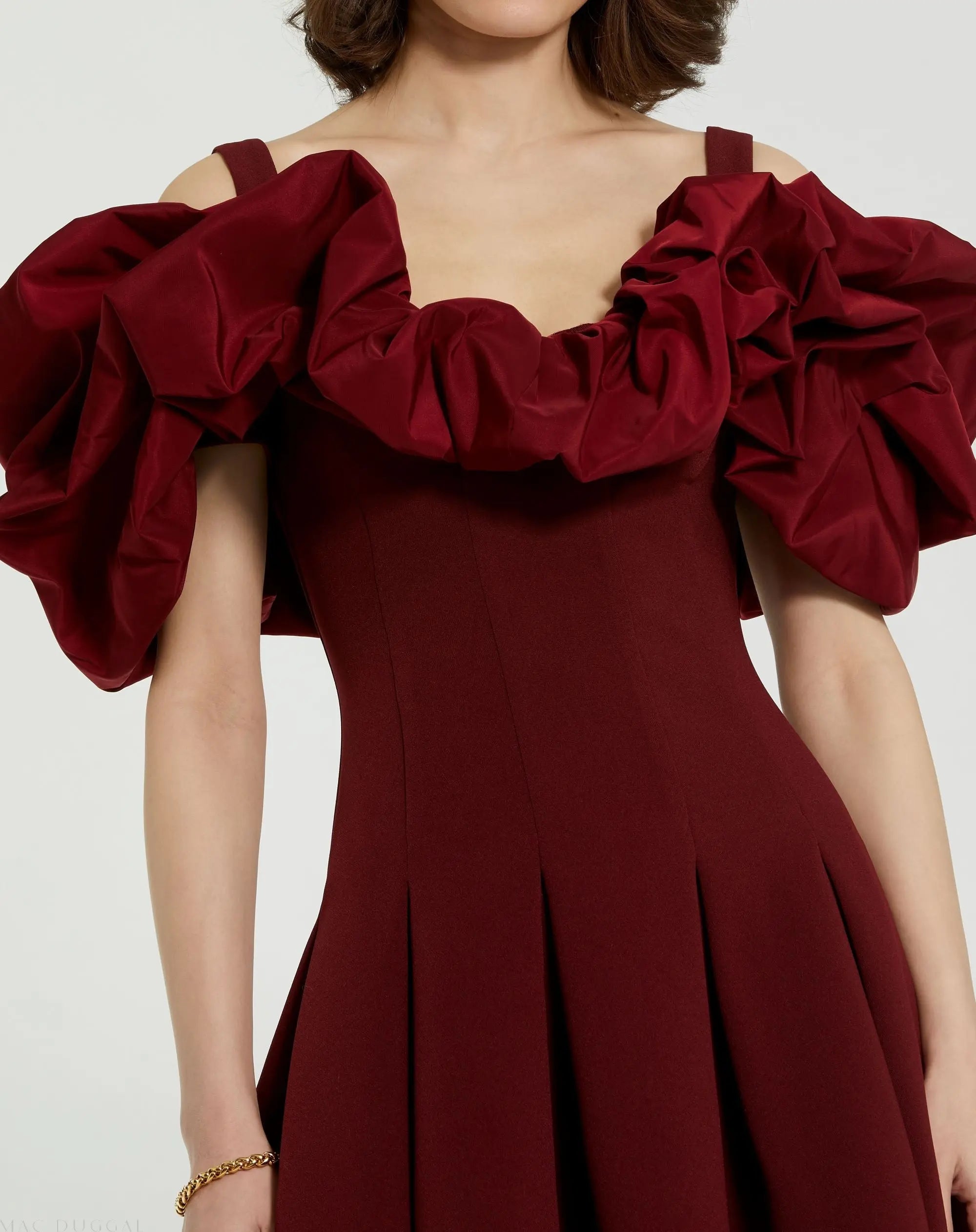 Red Crepe Godet Hem Mini Dress With Faille Ruffle - Mac Duggal