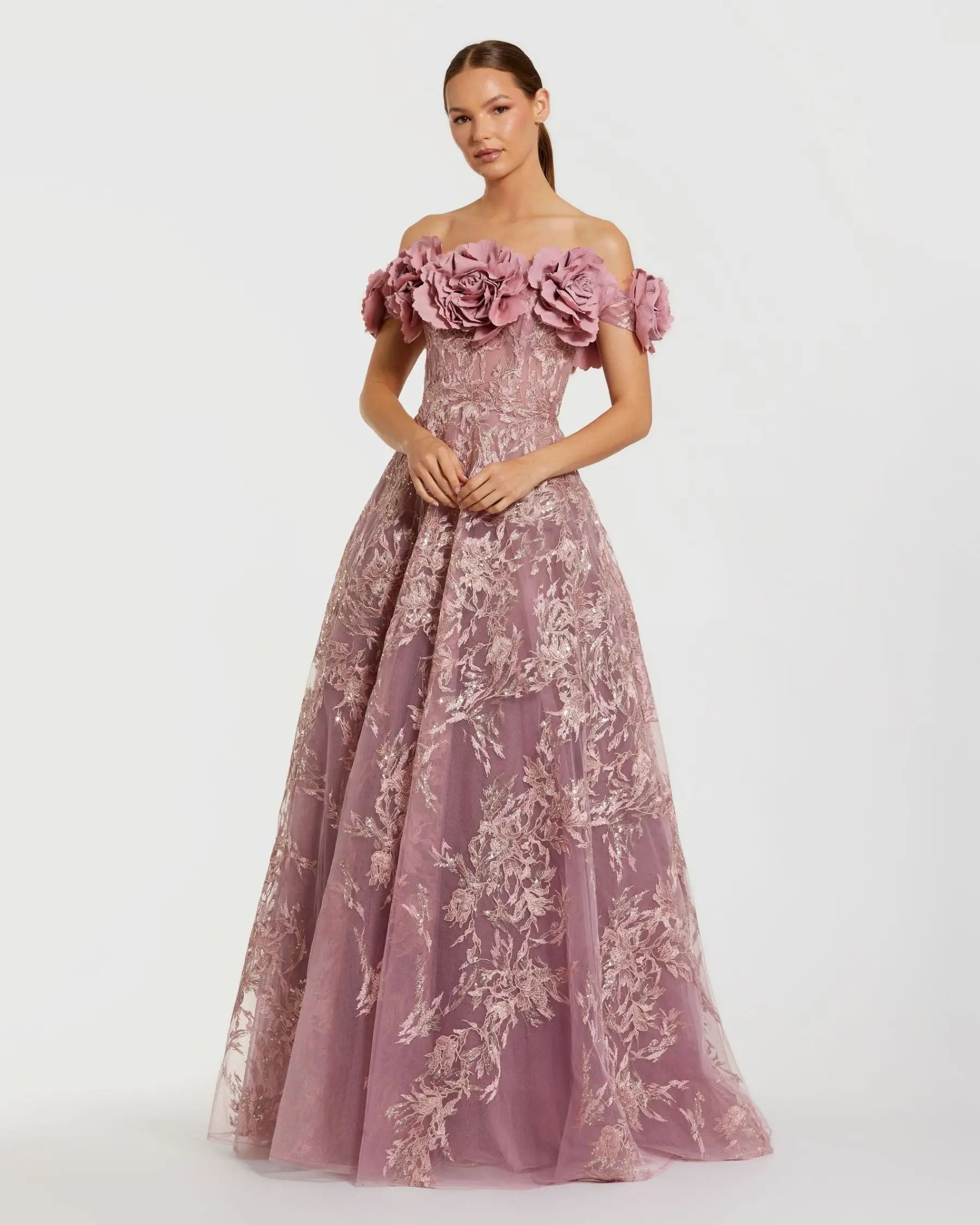 Purple Floral Embroidered Off The Shoulder A-line Gown - Mac Duggal