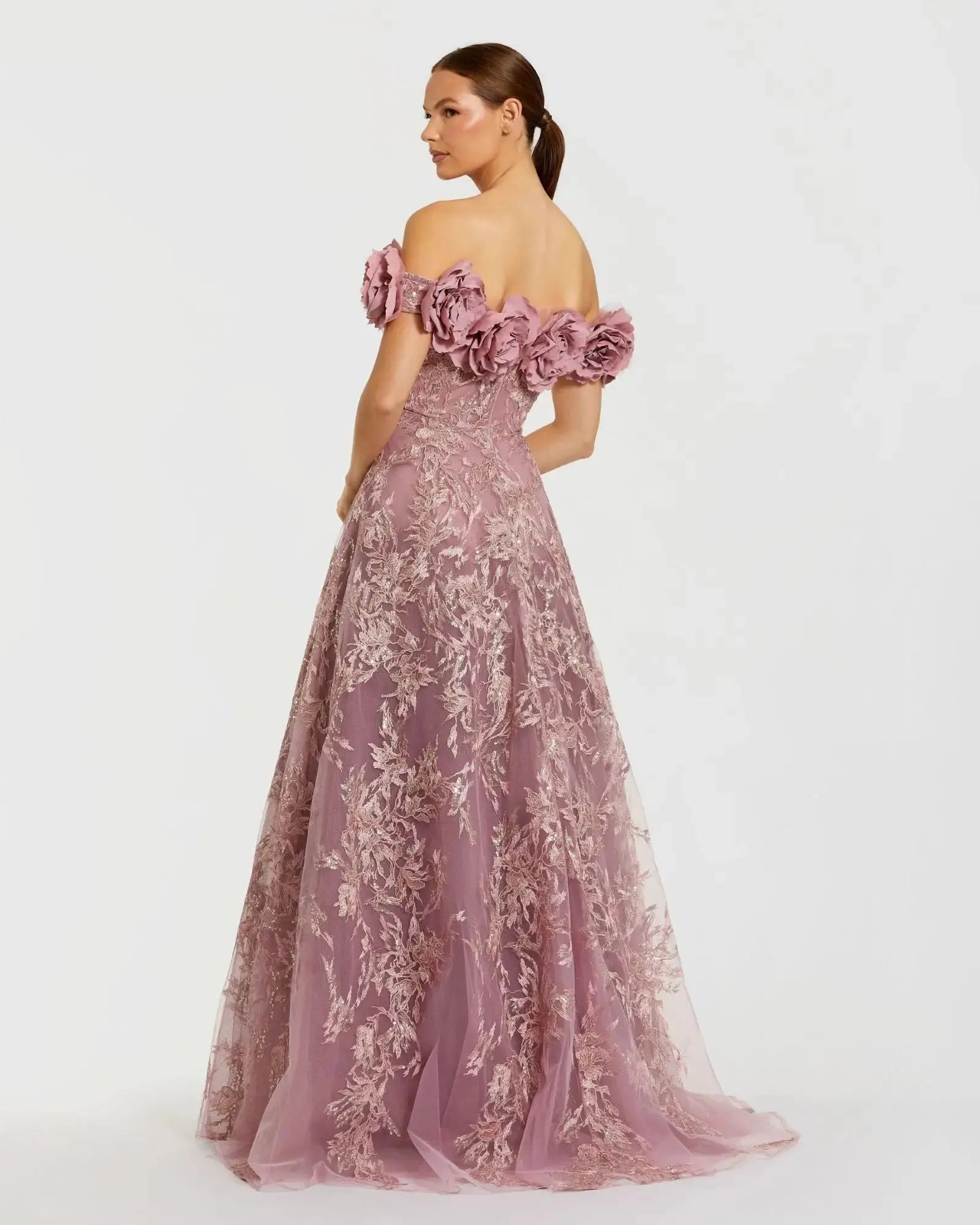 Purple Off The Shoulder 3D Floral Embroidered A-Line Gown - Mac Duggal