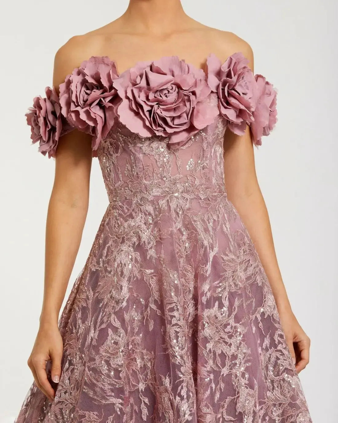 Purple Off The Shoulder 3D Floral Embroidered A-Line Gown | Mac Duggal Purple Off The Shoulder 3D Floral Embroidered A-Line Gown | Mac Duggal