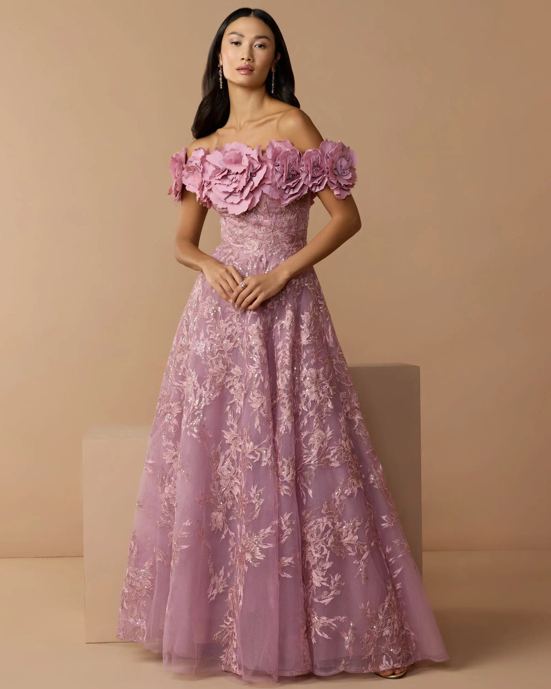 Purple Off The Shoulder 3D Floral Embroidered A-Line Gown - Mac Duggal