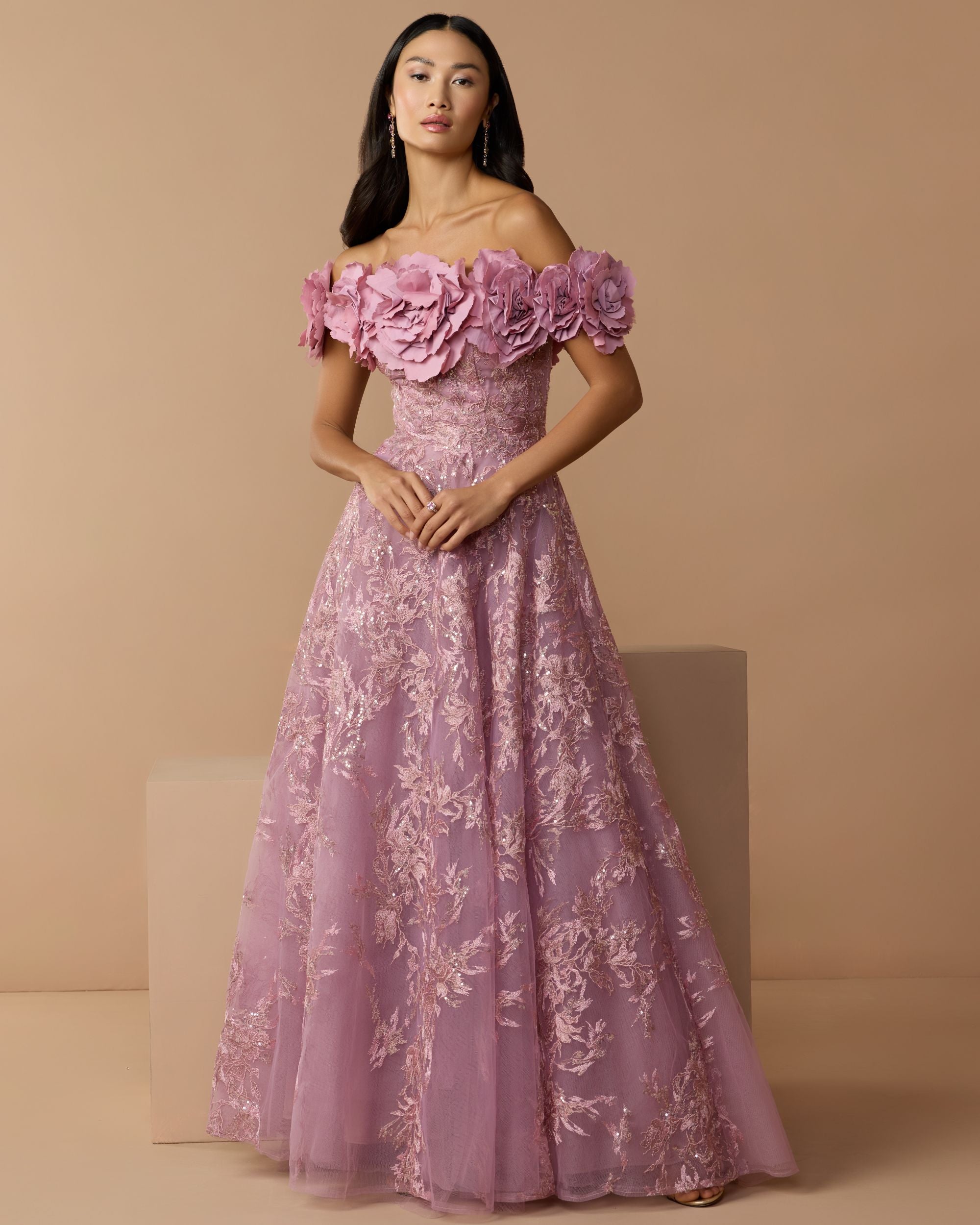 Purple Floral Embroidered Off The Shoulder A-line Gown
