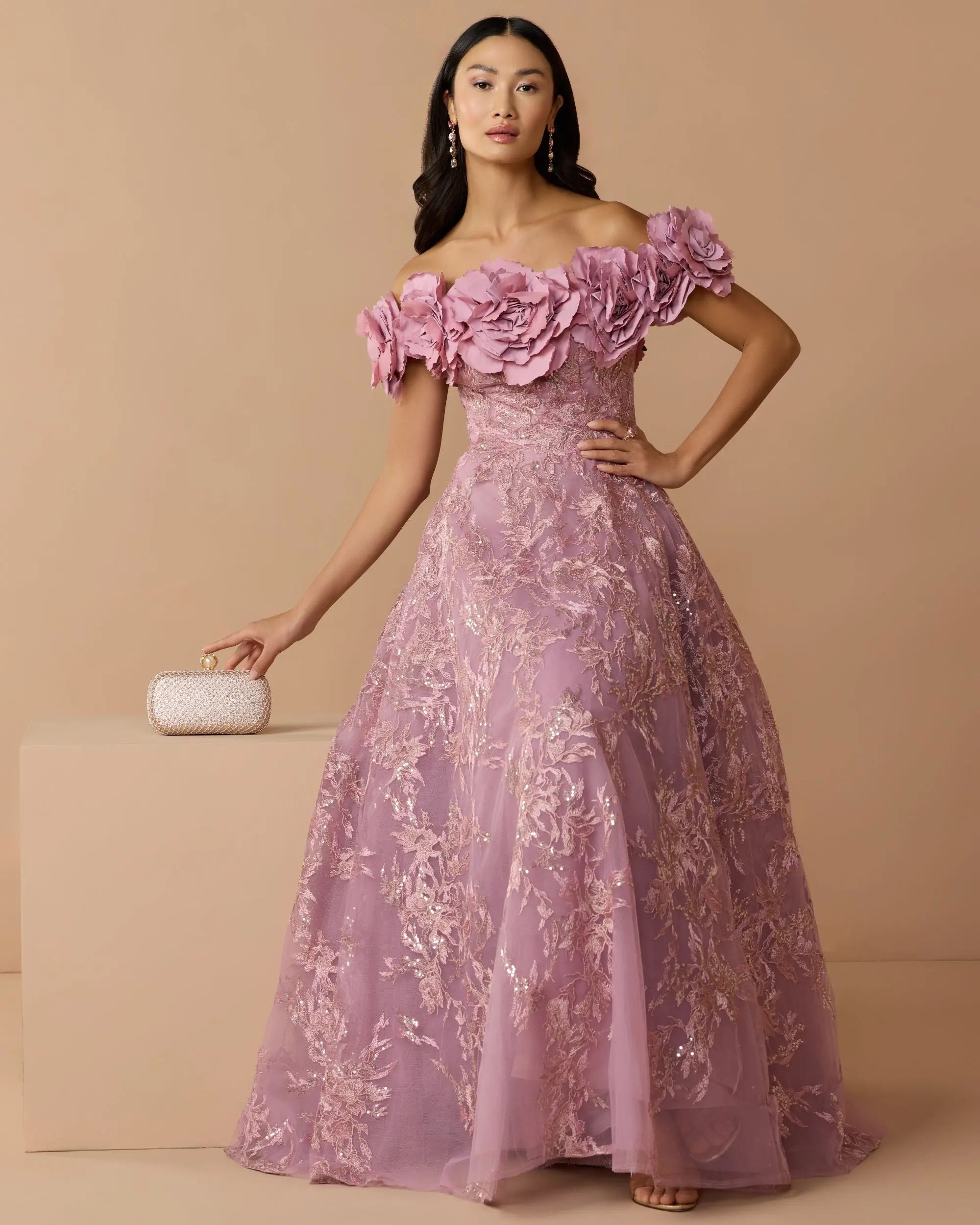 Purple Off The Shoulder 3D Floral Embroidered A-Line Gown - Mac Duggal