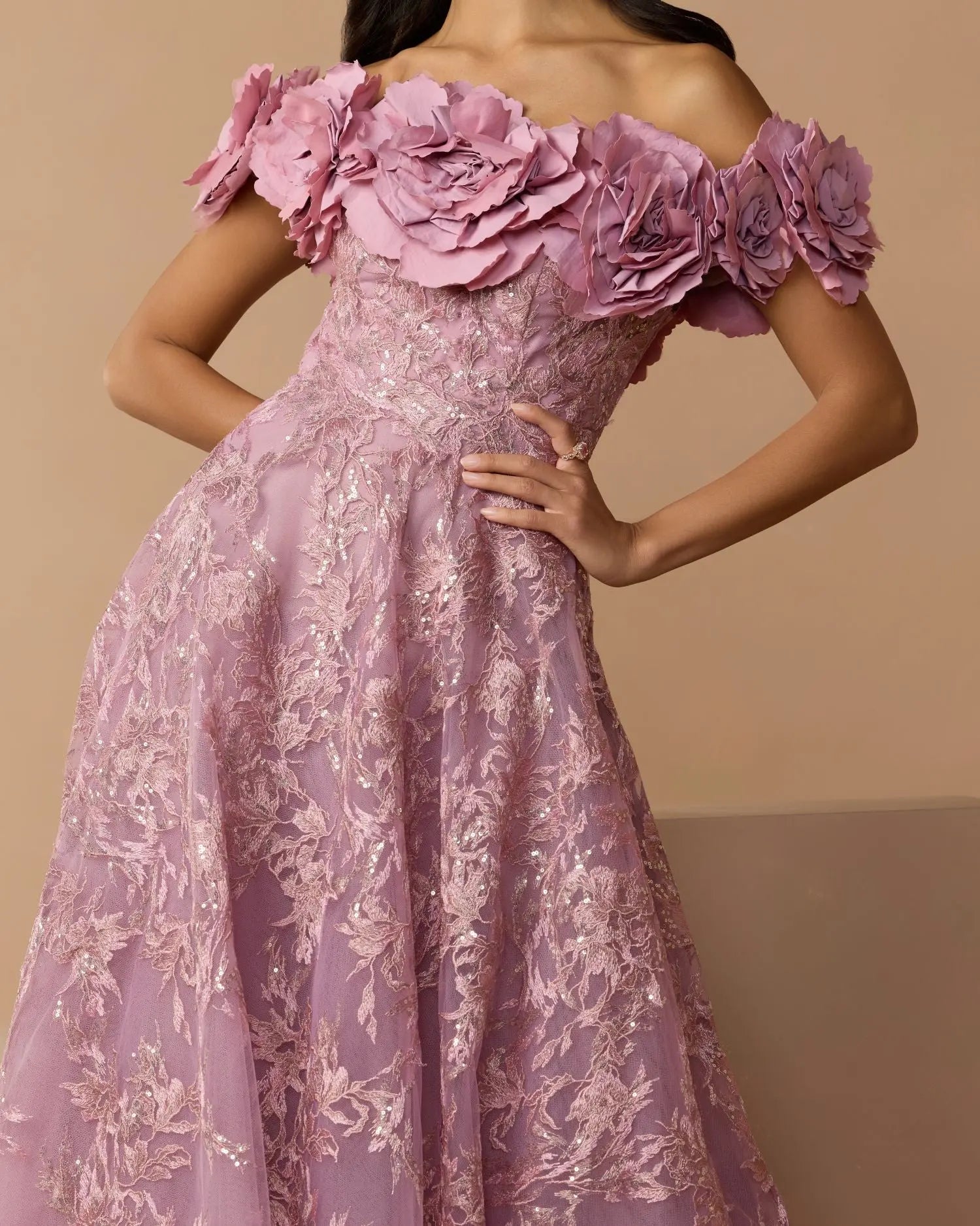Purple Off The Shoulder 3D Floral Embroidered A-Line Gown