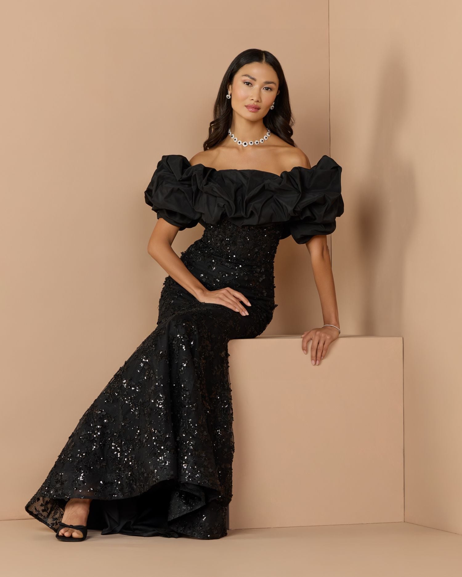 Black Embellished Mermaid Gown With Off The Shoulder Ruffle