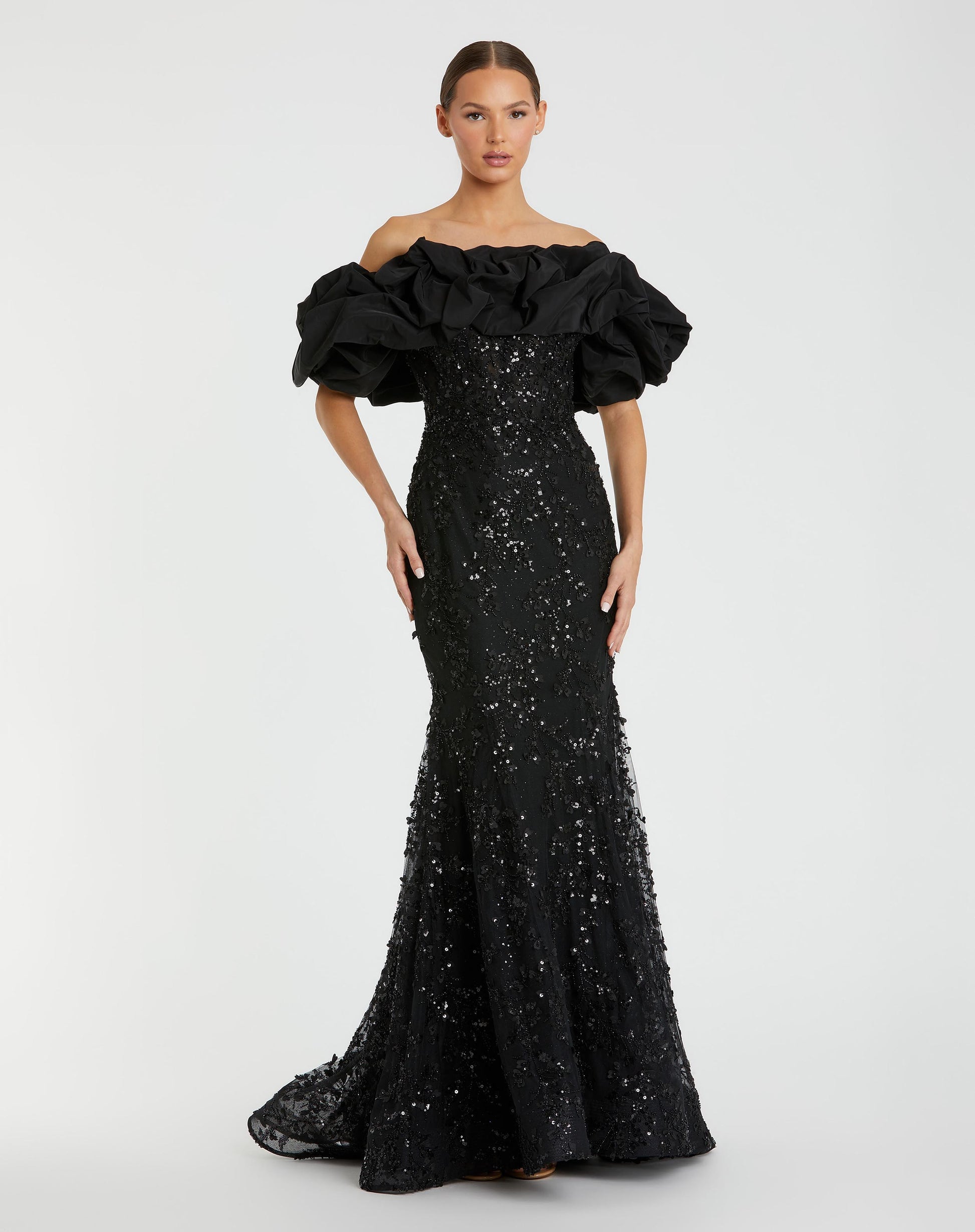 Black Beaded Mermaid Gown With Off The Shoulder Ruffle - Mac Duggal