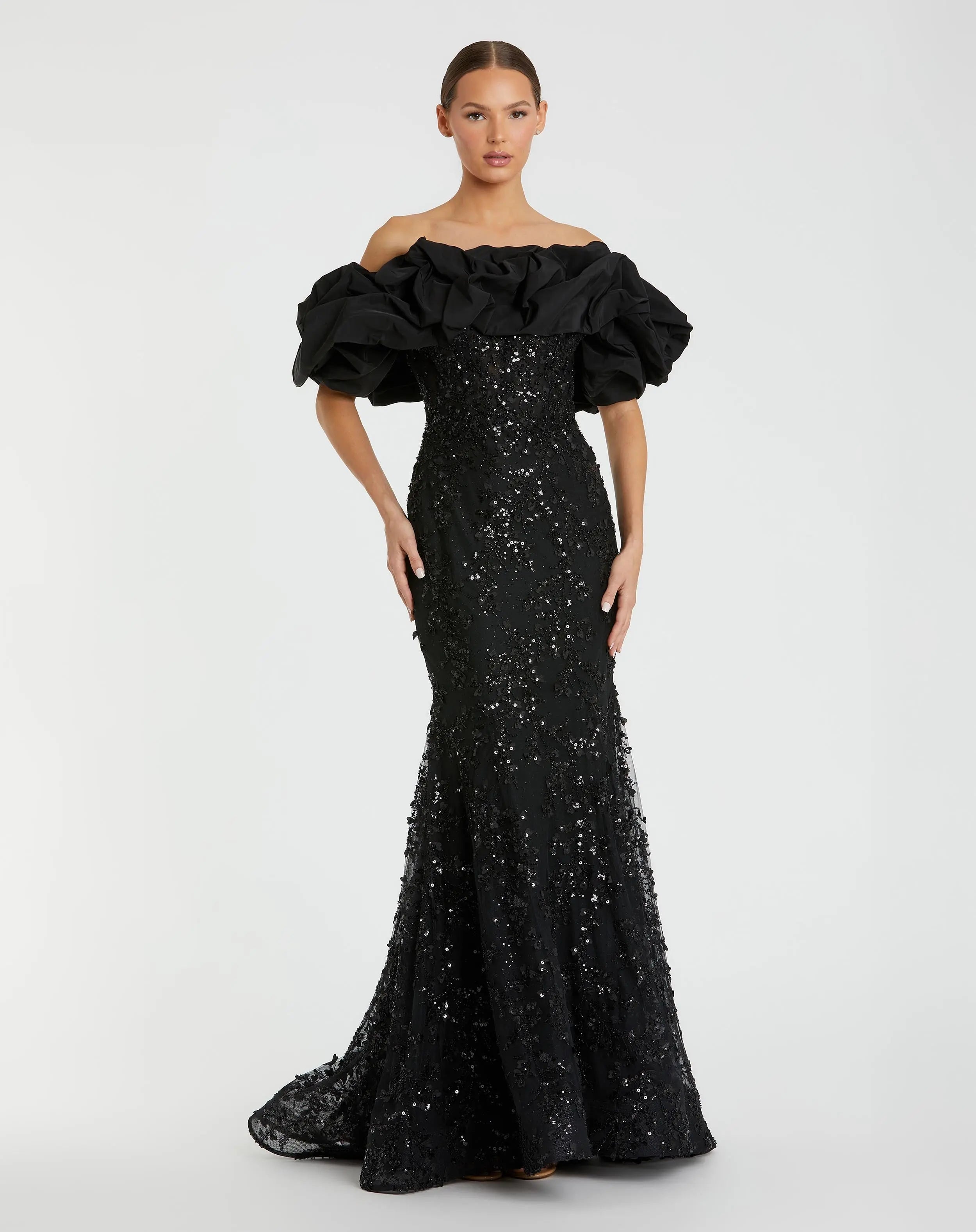 Black Beaded Mermaid Gown With Off The Shoulder Ruffle - Mac Duggal