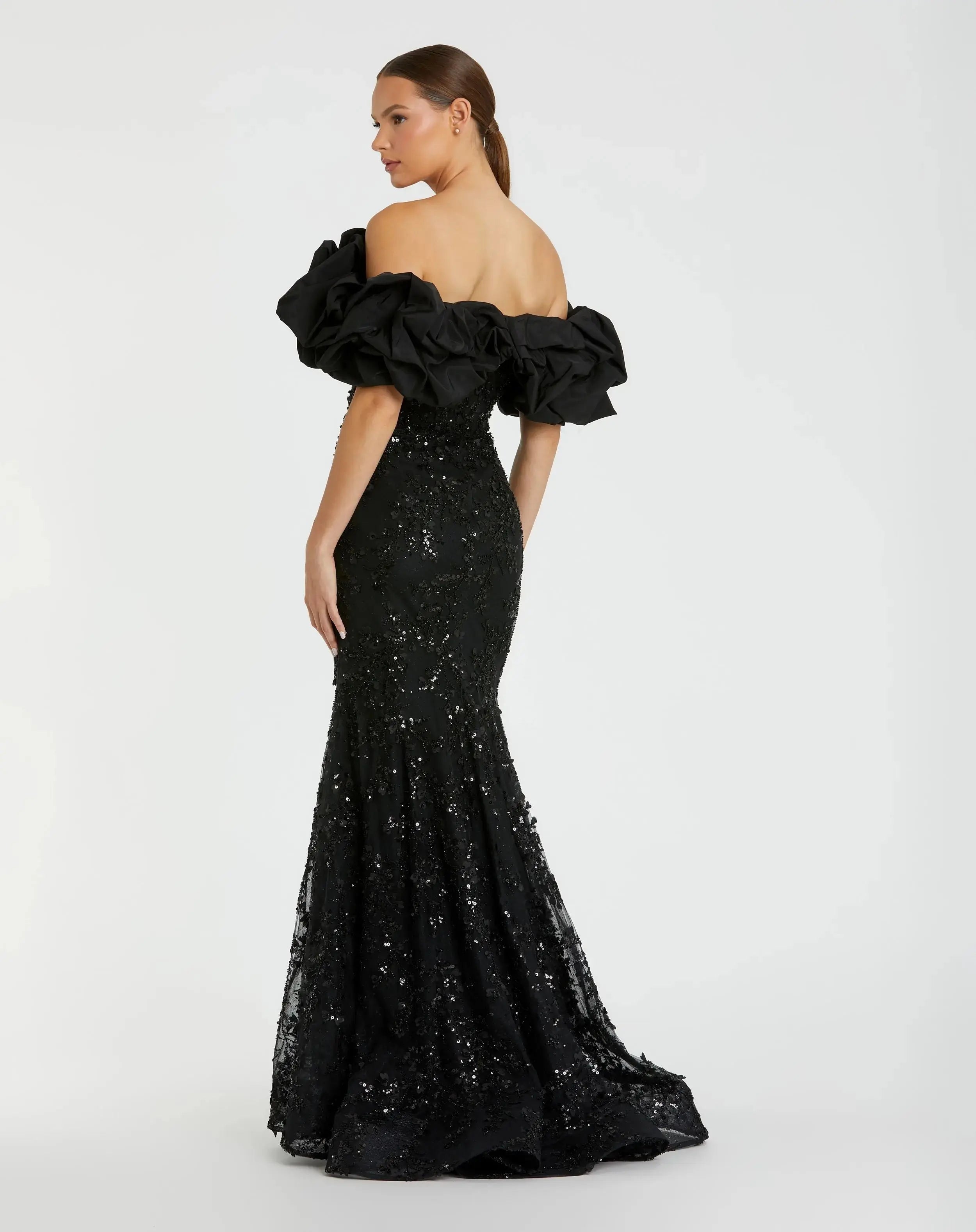 Black Beaded Mermaid Gown With Off The Shoulder Ruffle Mac Duggal