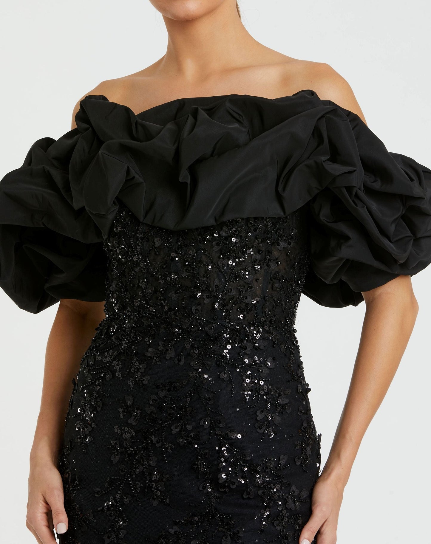 Black Beaded Mermaid Gown With Off The Shoulder Ruffle - Mac Duggal