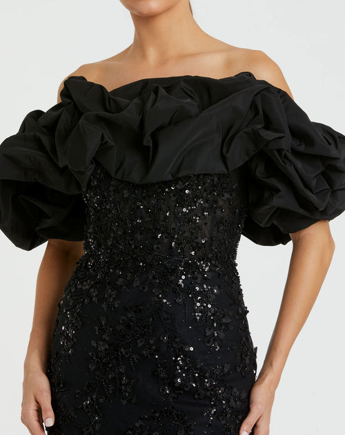 Black Beaded Mermaid Gown With Off The Shoulder Ruffle - Mac Duggal