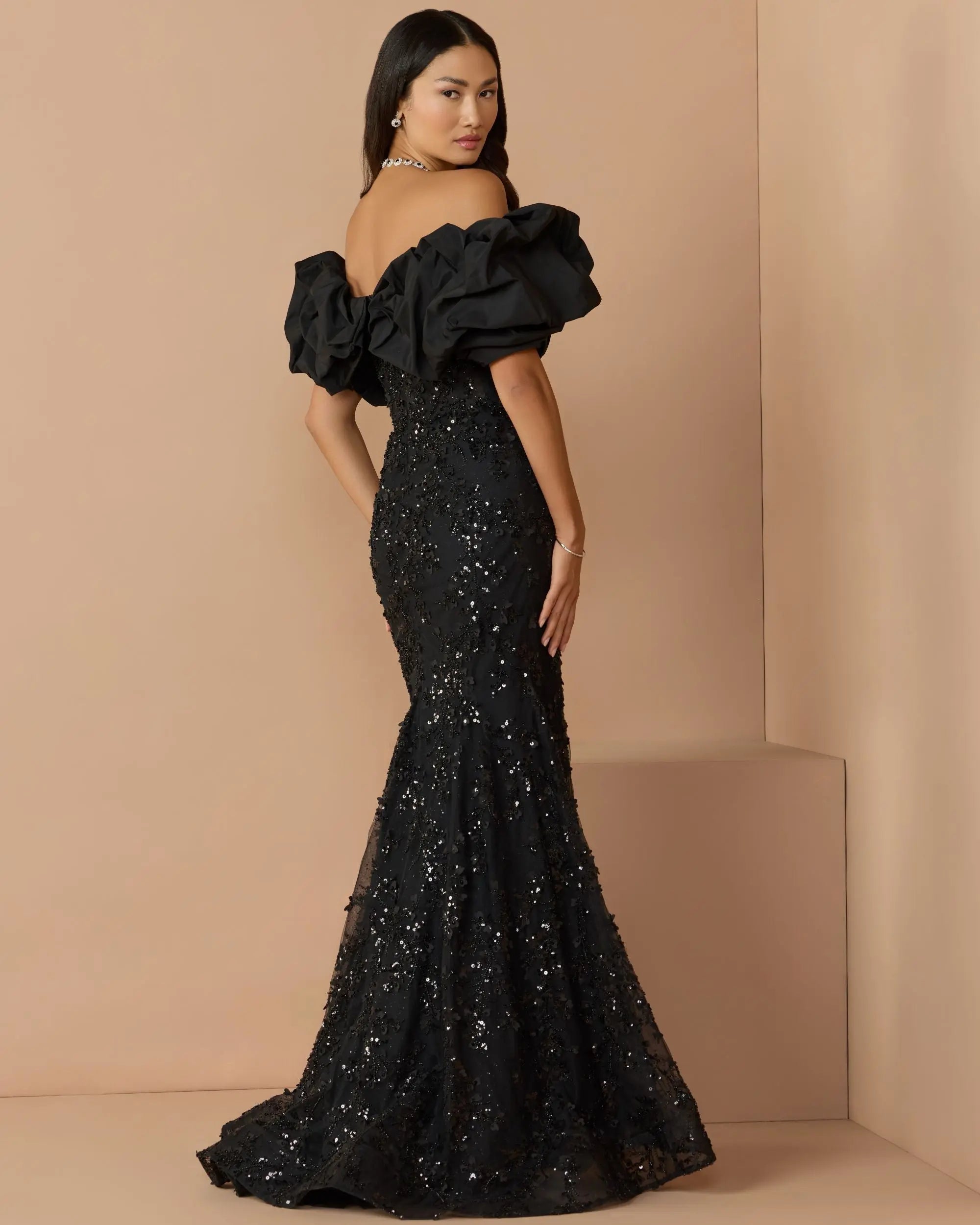 Black Embellished Mermaid Gown With Off The Shoulder Ruffle Mac Duggal