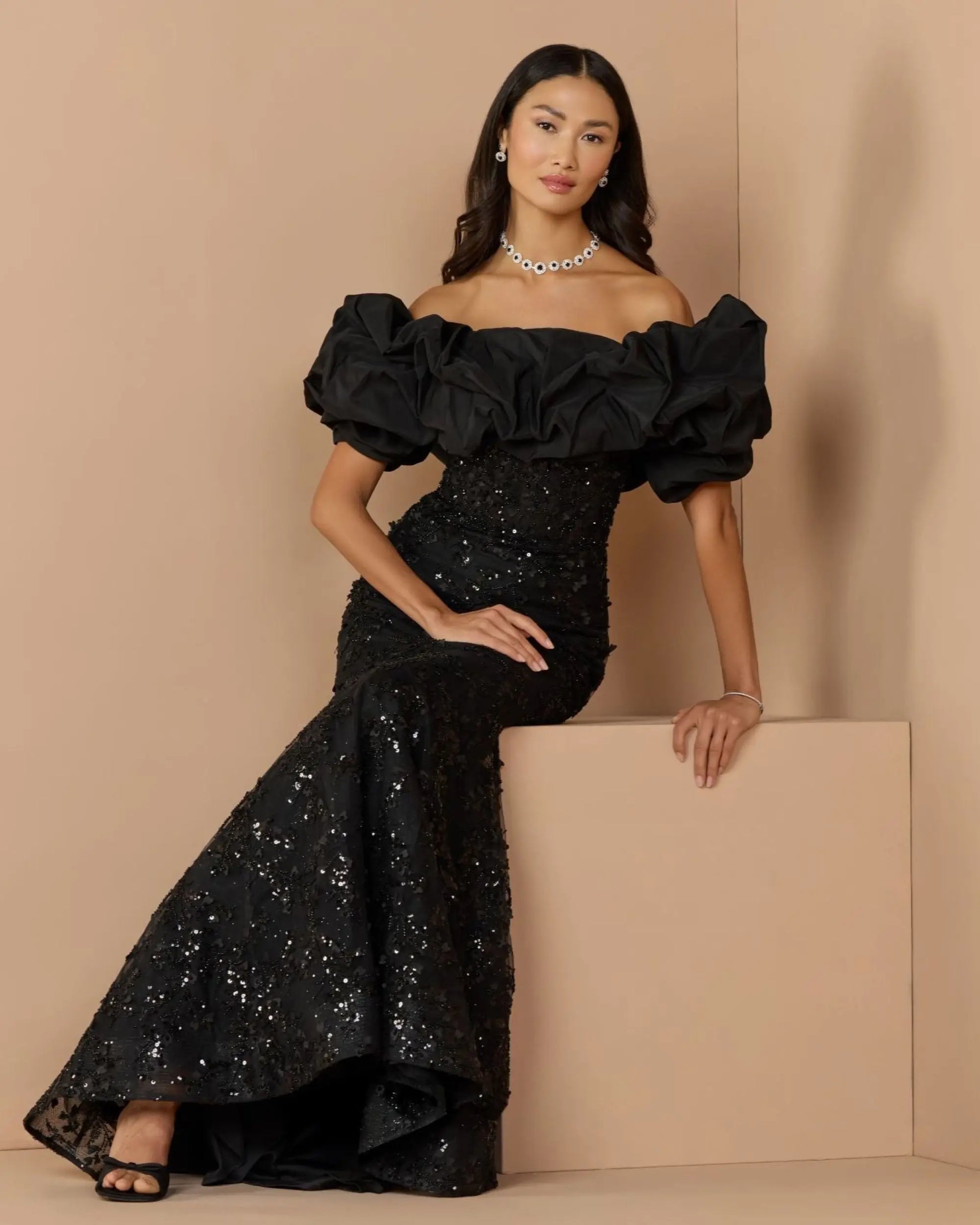Black Embellished Mermaid Gown With Off The Shoulder Ruffle | Mac Duggal Black Embellished Mermaid Gown With Off The Shoulder Ruffle | Mac Duggal