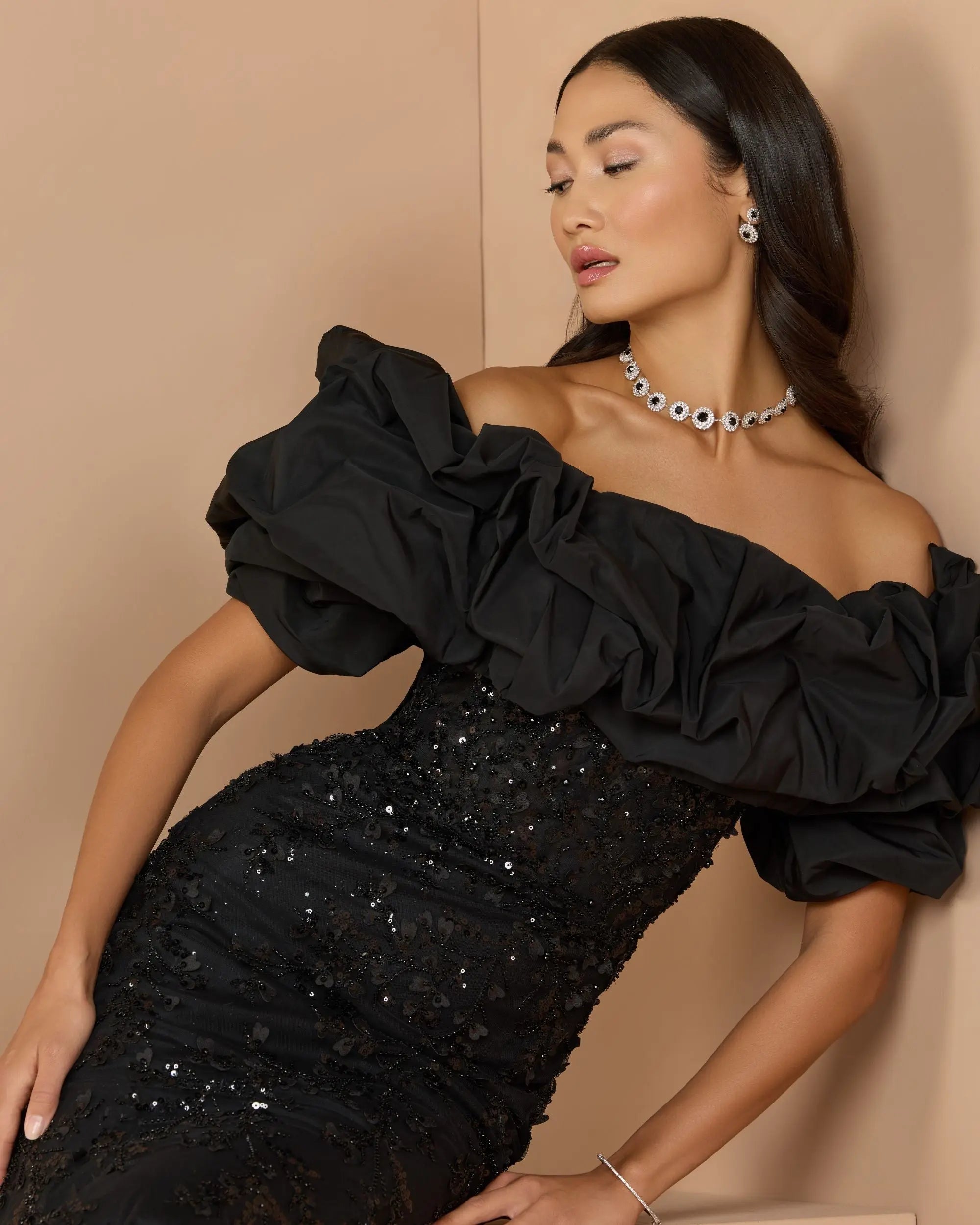 Black Embellished Mermaid Gown With Off The Shoulder Ruffle | Mac