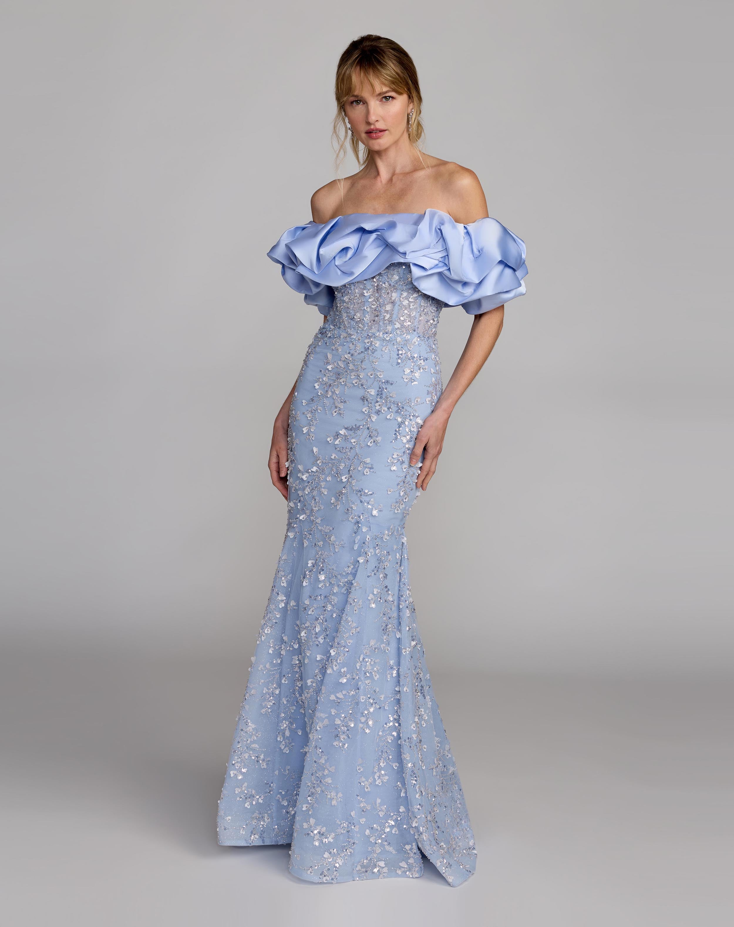 Blue Embellished Mermaid Gown With Off The Shoulder Ruffle - Mac Duggal